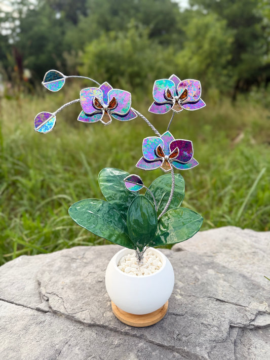 Orchid Indigo Iridescent Stained Glass WITH Hand Painted RESIN LEAVES, 3 Flowers, Botanical Table Decor