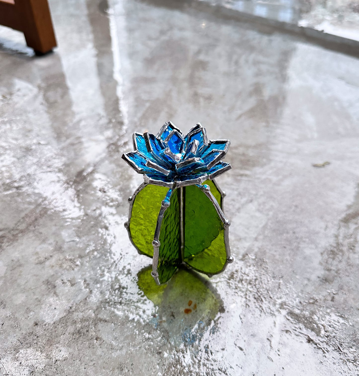 "Cactus XL Blue Green Ribbed Transparent ", Stained glass, Succulent 3D Cacti house plant for flower pot Sun catcher glass art wedding