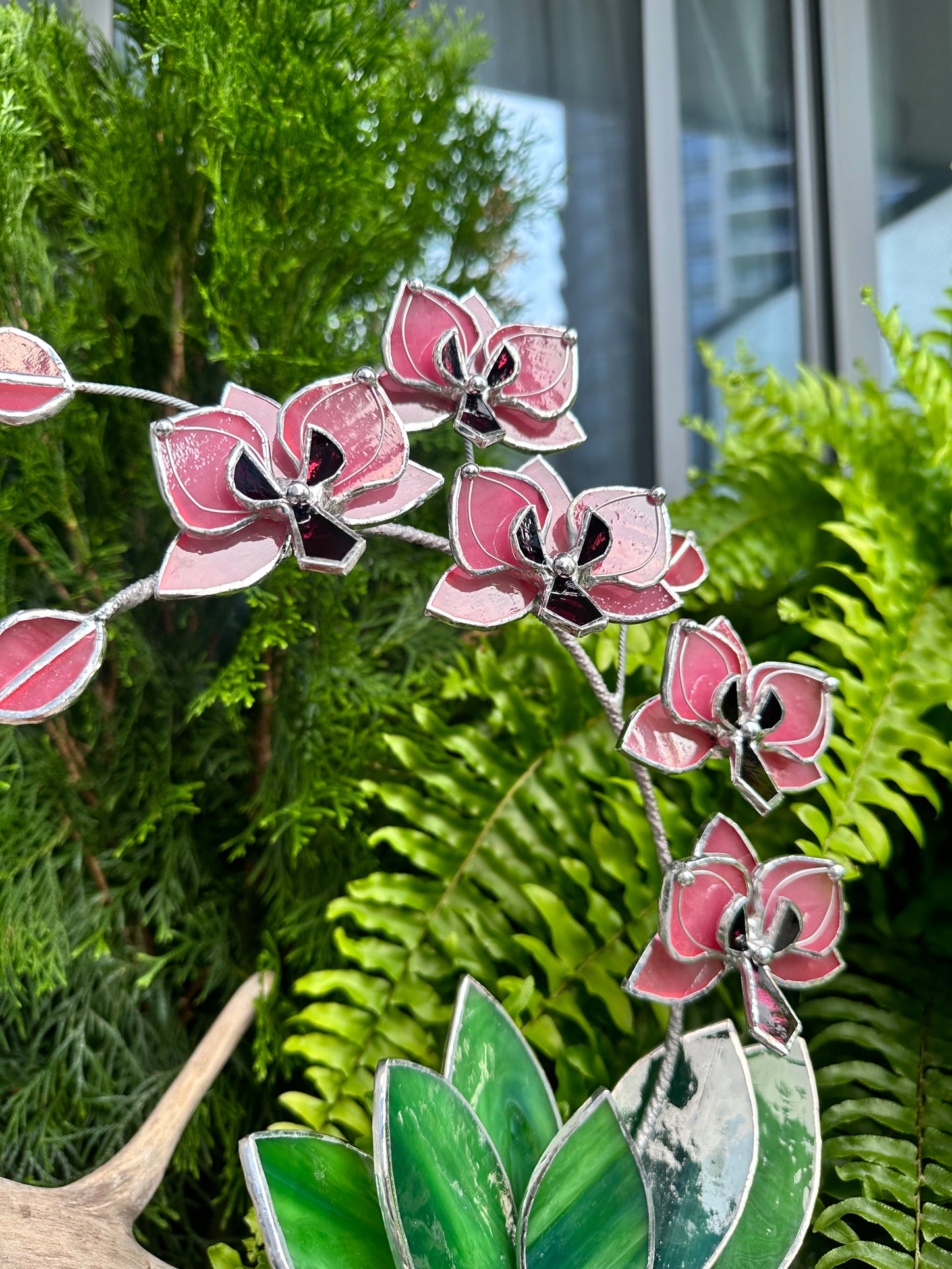 " .Baby Pink Orchid 5 flowers with pot" Stained glass tropical flower 3D, Sun catcher, Table plant, Garden stick, wedding decor, Christmas gift