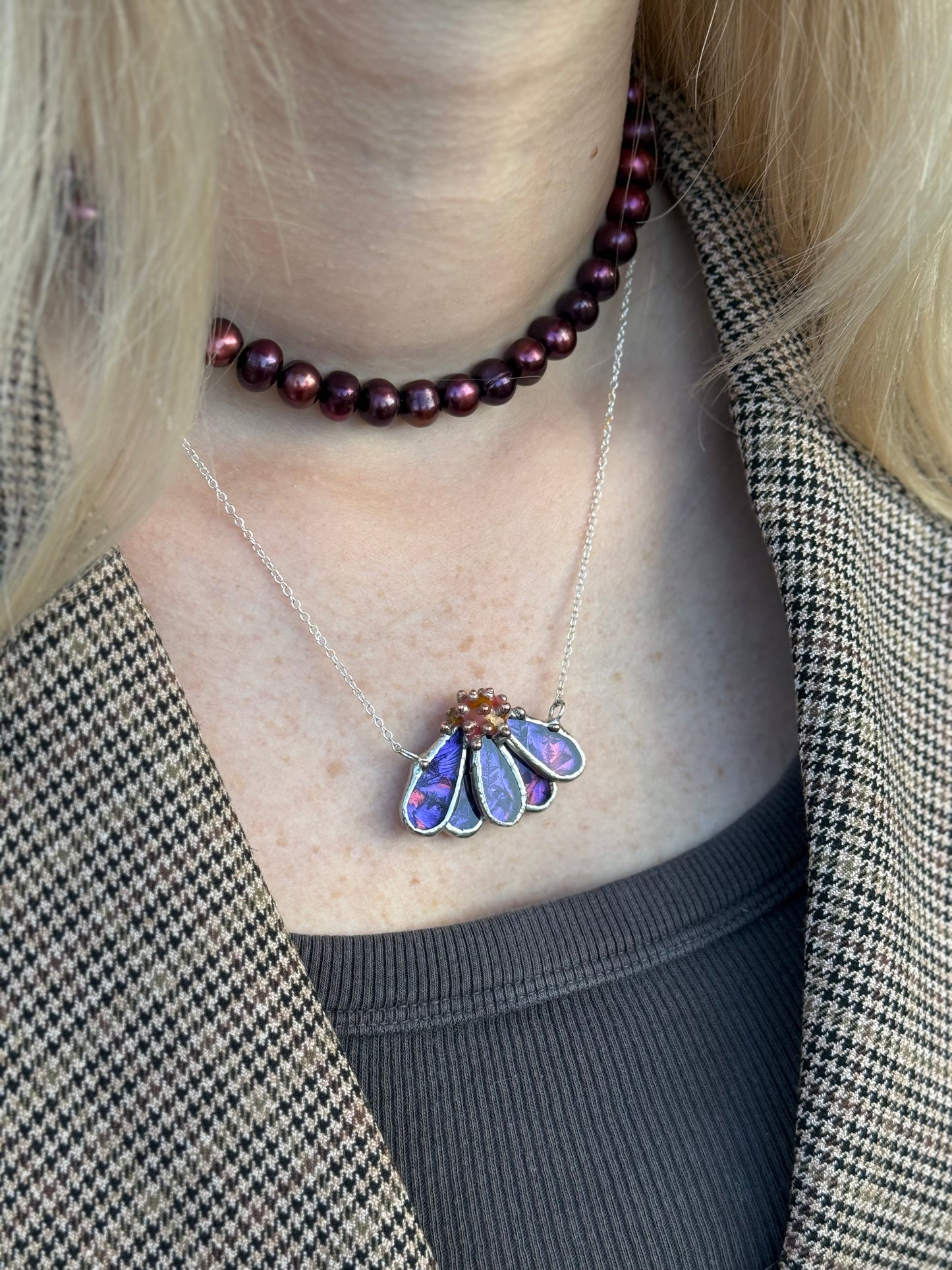 Echinacea Purple & Pink, Stained Glass Necklace or Brooch, Handmade Botanical Jewelry