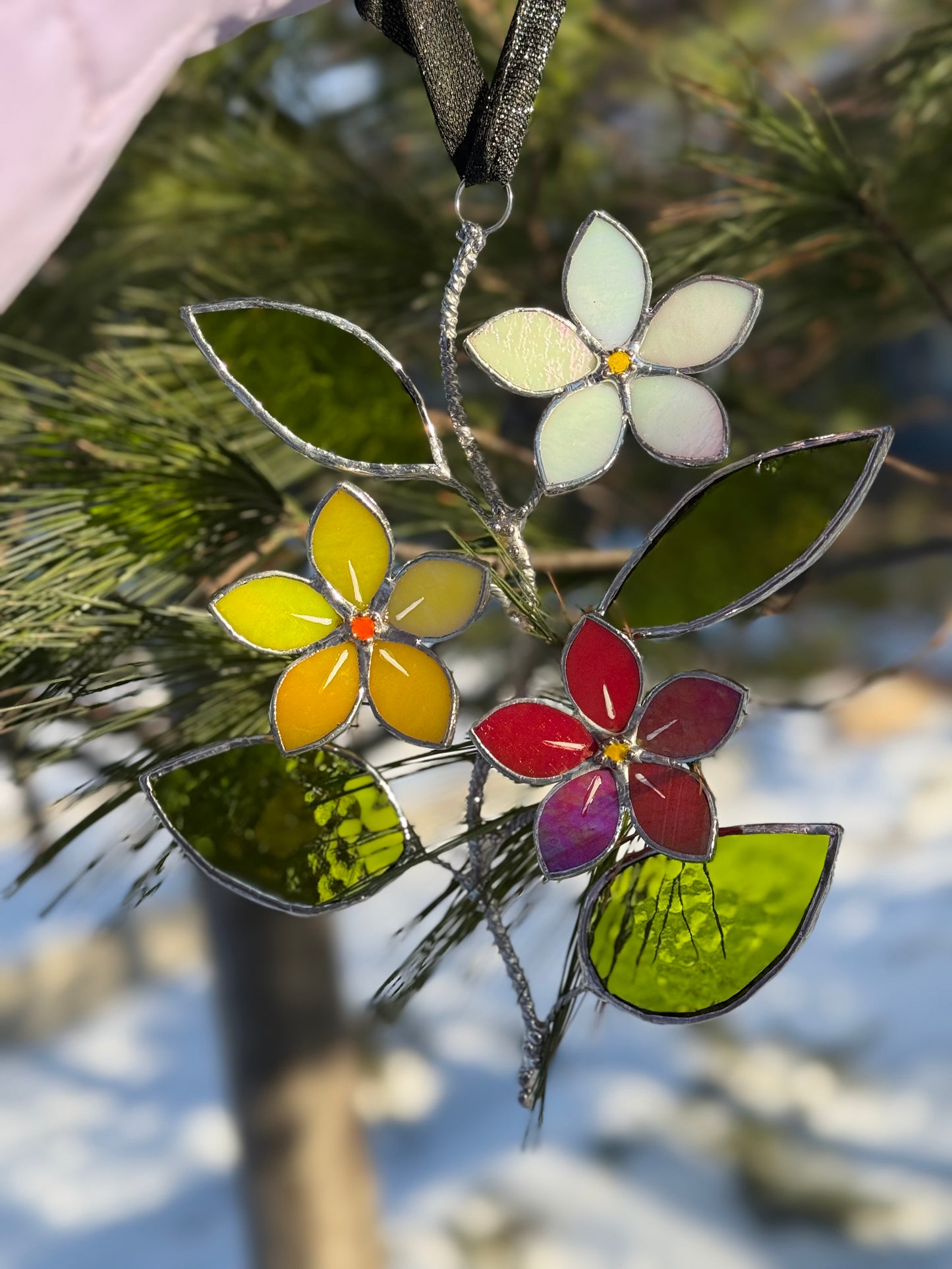 Forget Me Not Artisan Warm Gradient Stained Glass Suncatcher Wall Decor ready