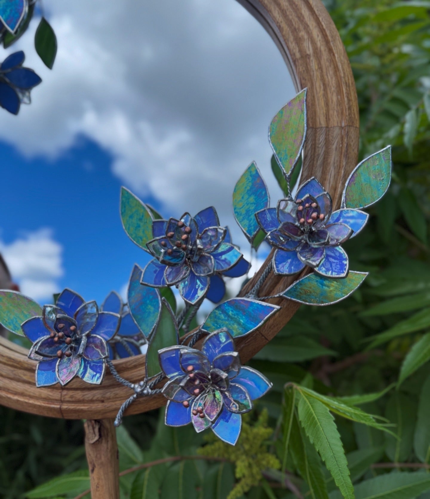 .Blue Wildflowers Stained glass Wall Mirror, 3D Botanical Floral Art ready
