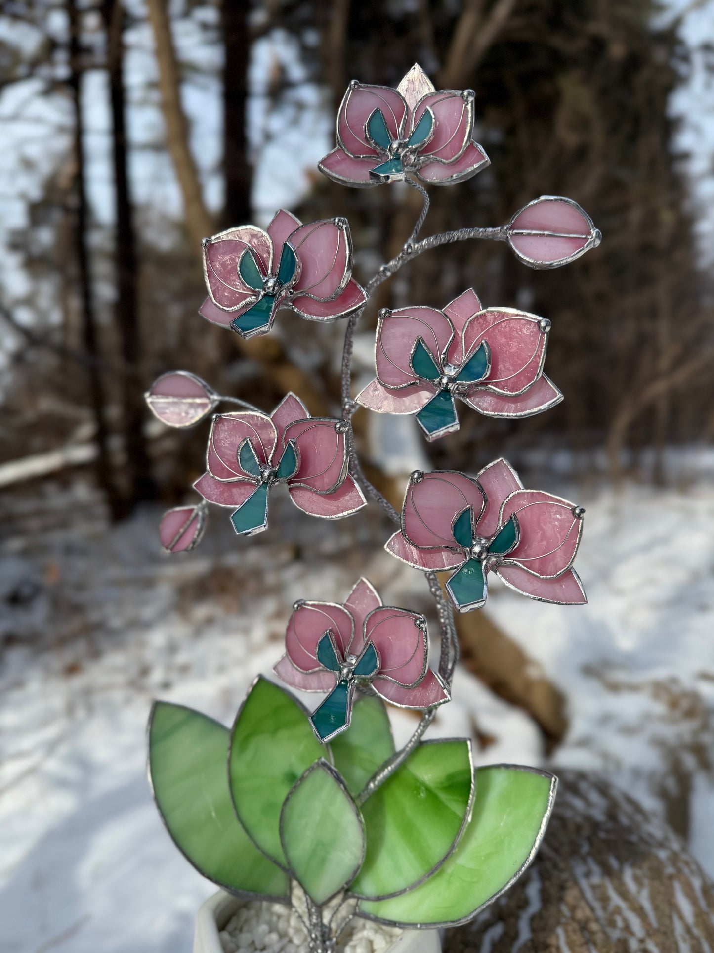 " . Bright Pink Orchid 6 flowers with pot" 2025 design, Stained glass tropical flower 3D, Sun catcher, Table plant, Garden stick, wedding decor, Christmas gift