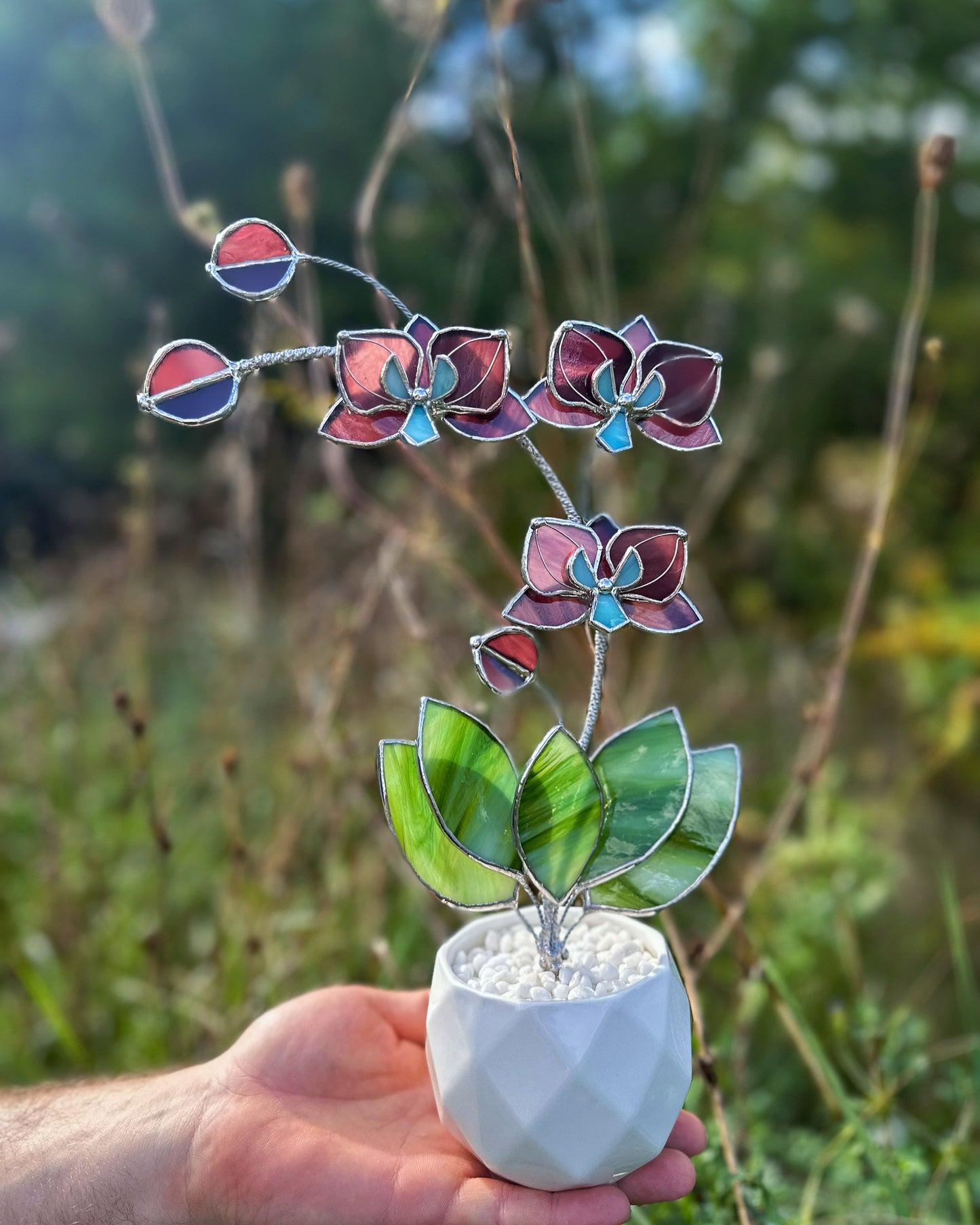 " . Elderberry Orchid 3 flowers with pot” Stained glass tropical flower 3D, Sun catcher, Table plant decor, Garden stick, Outdoor and gardening decor