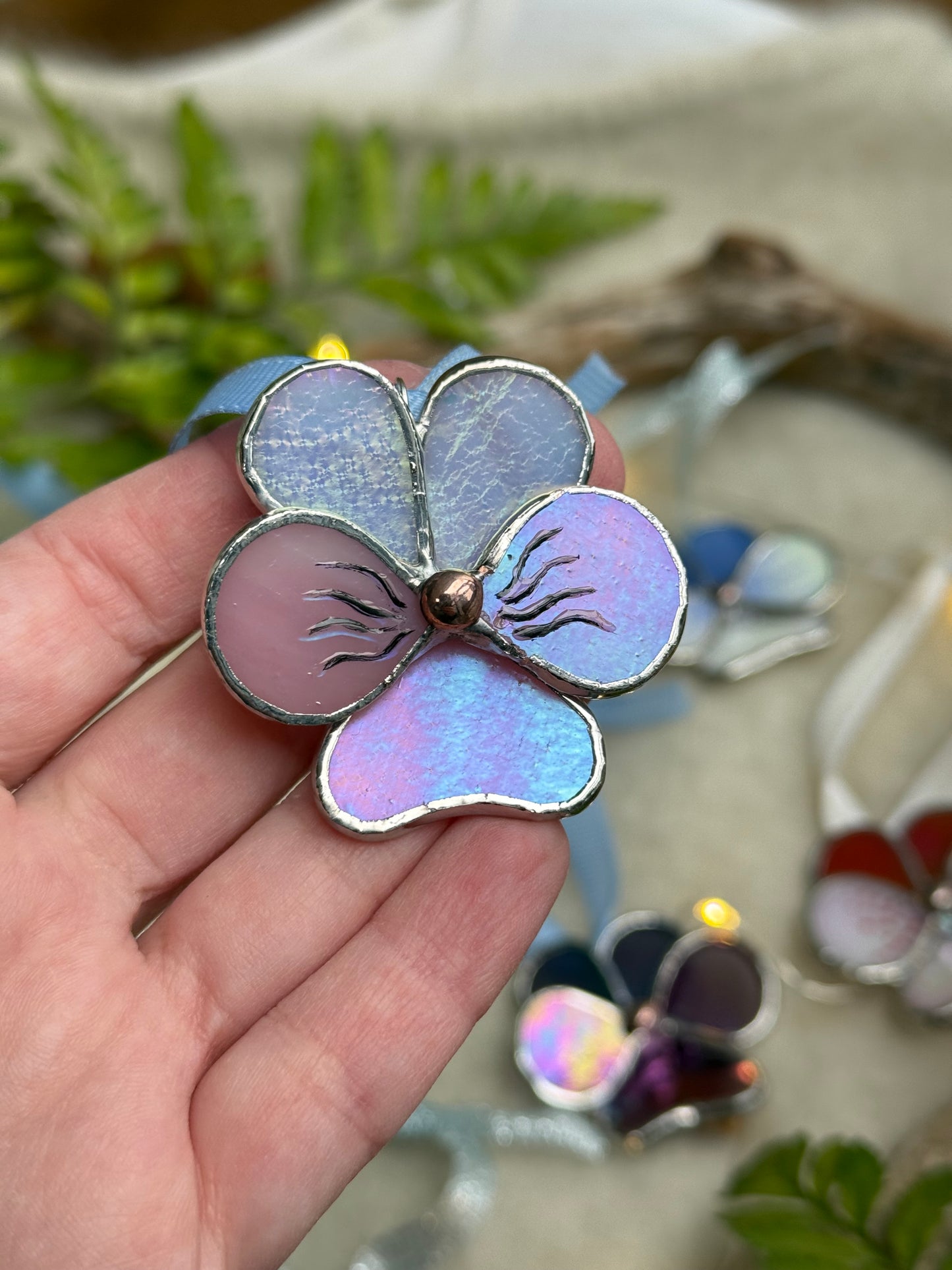" . Pansy flower Lavender & Pink irid , Stained glass Decorative ORNAMENT, Christmas decoration, Suncatcher new