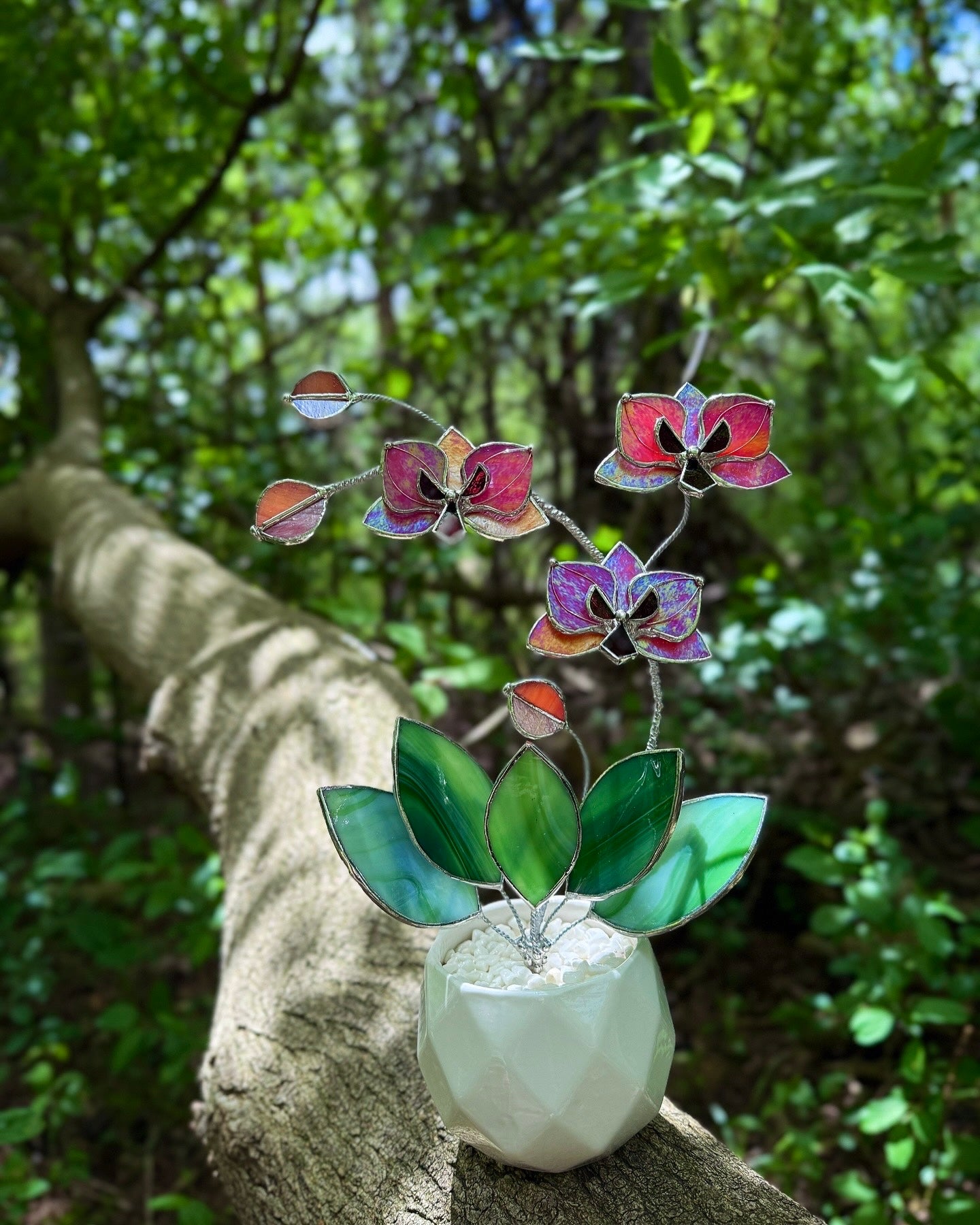 " . Berry red iridescent Orchid 3 flowers with pot” Stained glass tropical flower 3D, Sun catcher, Table plant, Garden stick, Outdoor and gardening decor available new