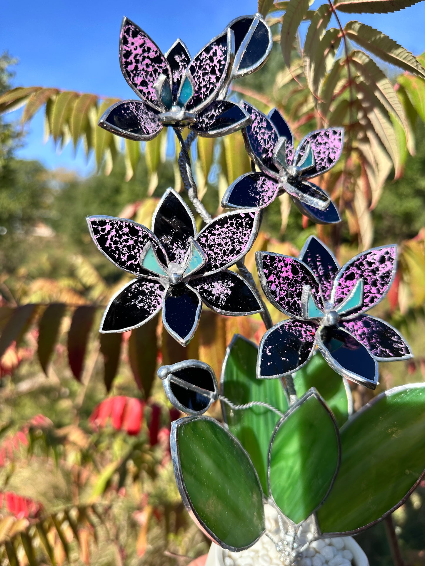 " . PREORDER Black Tiger Orchid, 4 flowers with pot”, Stained glass tropical flower 3D, Sun catcher, Table plant, Garden stick, Outdoor and gardening decor