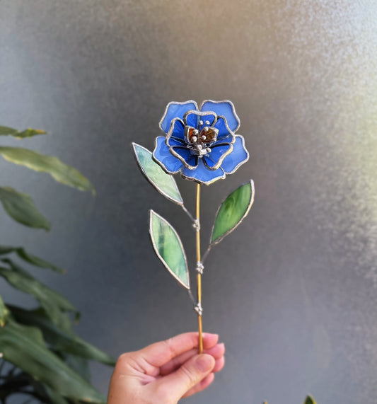 " . Blue Peony flower stick, Plant stake no pot” Stained glass tropical flower 3D, Sun catcher, Table plant, Garden stick, Outdoor and gardening decor