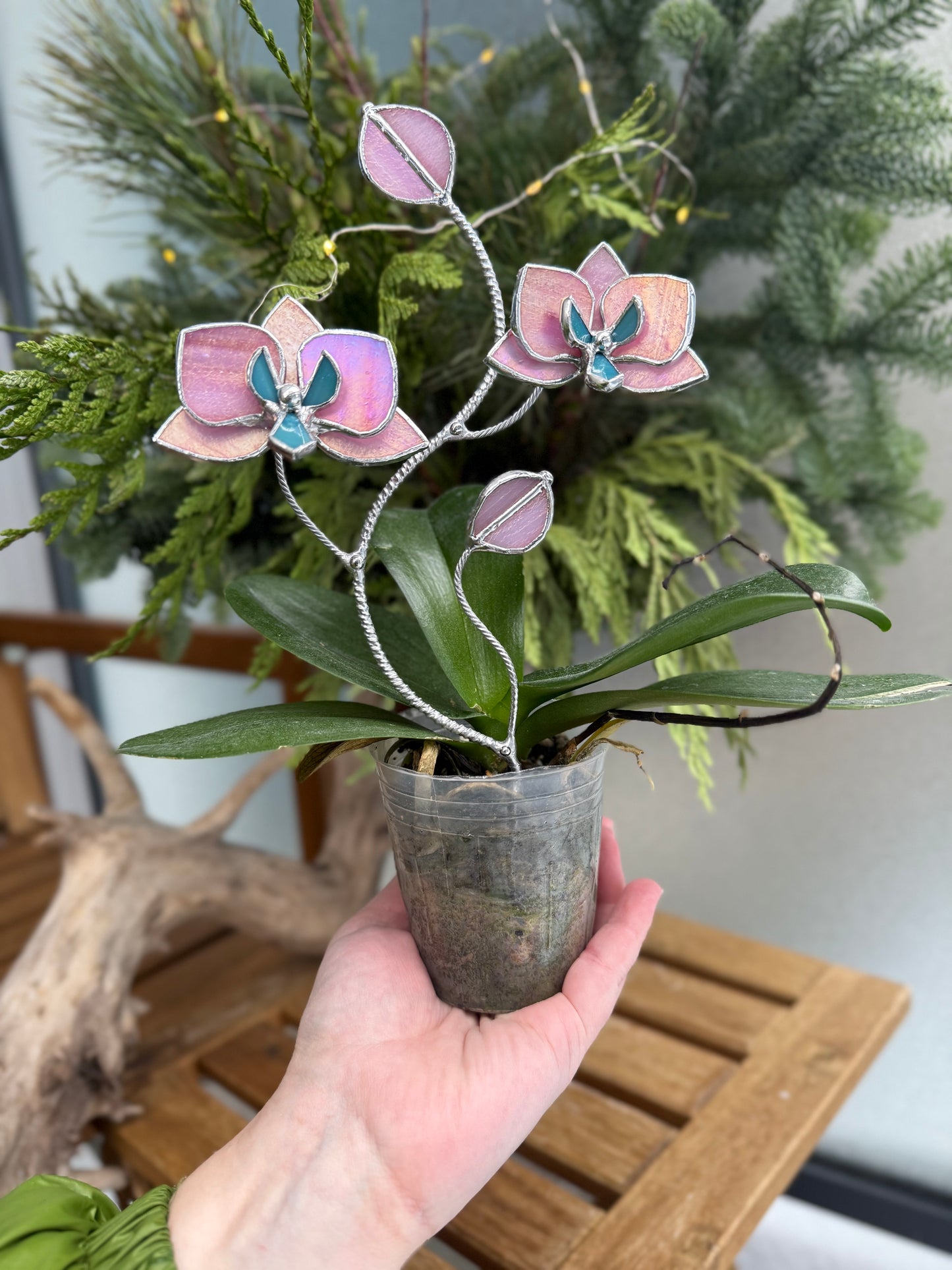 "  . Bright Pink iridescent Orchid flower stick, Plant stake 2 flowers no pot” Stained glass decor