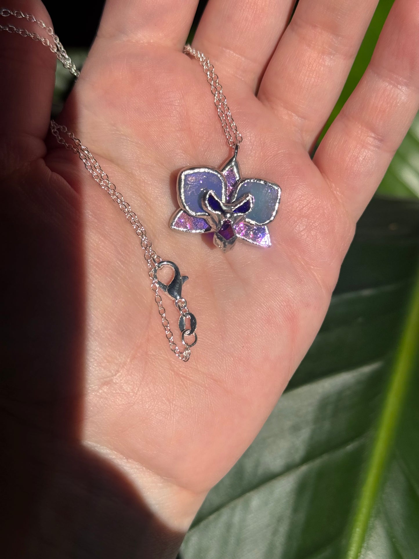 Blue lavender Orchid Irid, Stained Glass Necklace Handmade Botanical Jewelry