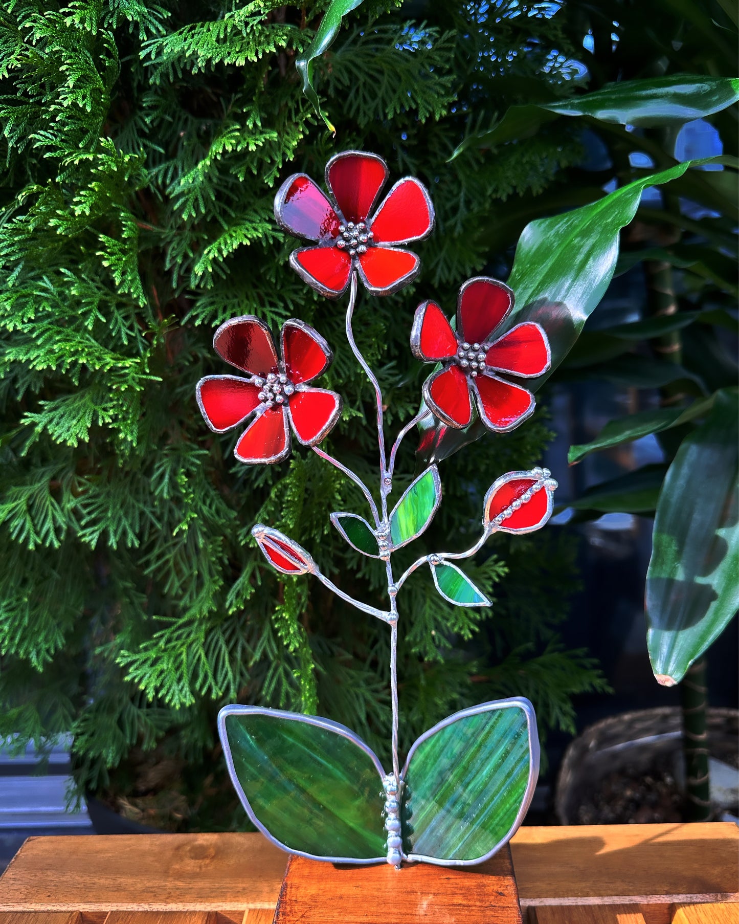 ".Ruby Red Scarlet Pimpernel flower with a pot" Stained glass tropical 3D, Sun catcher, Table plant decor, Garden stake, wedding decor, Christmas gift, available