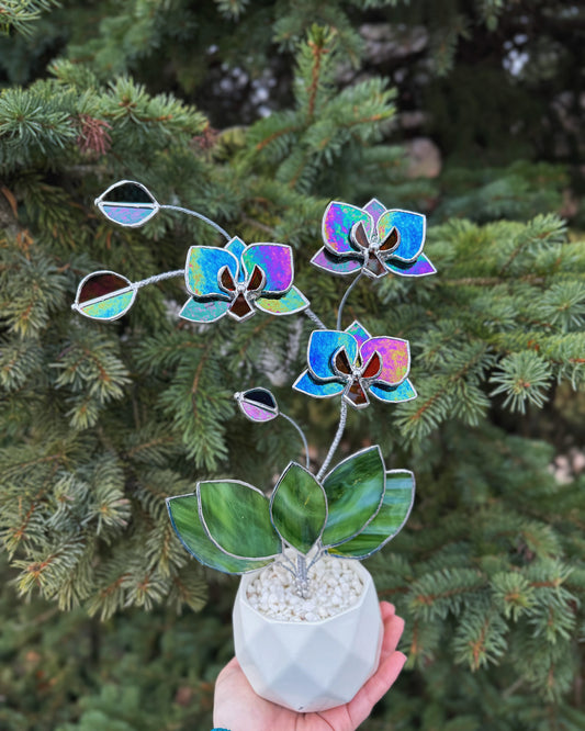 ". Multicolor opaque Orchid 3 flowers with pot” Stained glass tropical flower 3D, Sun catcher, Table plant, Garden stick, Outdoor and gardening decor