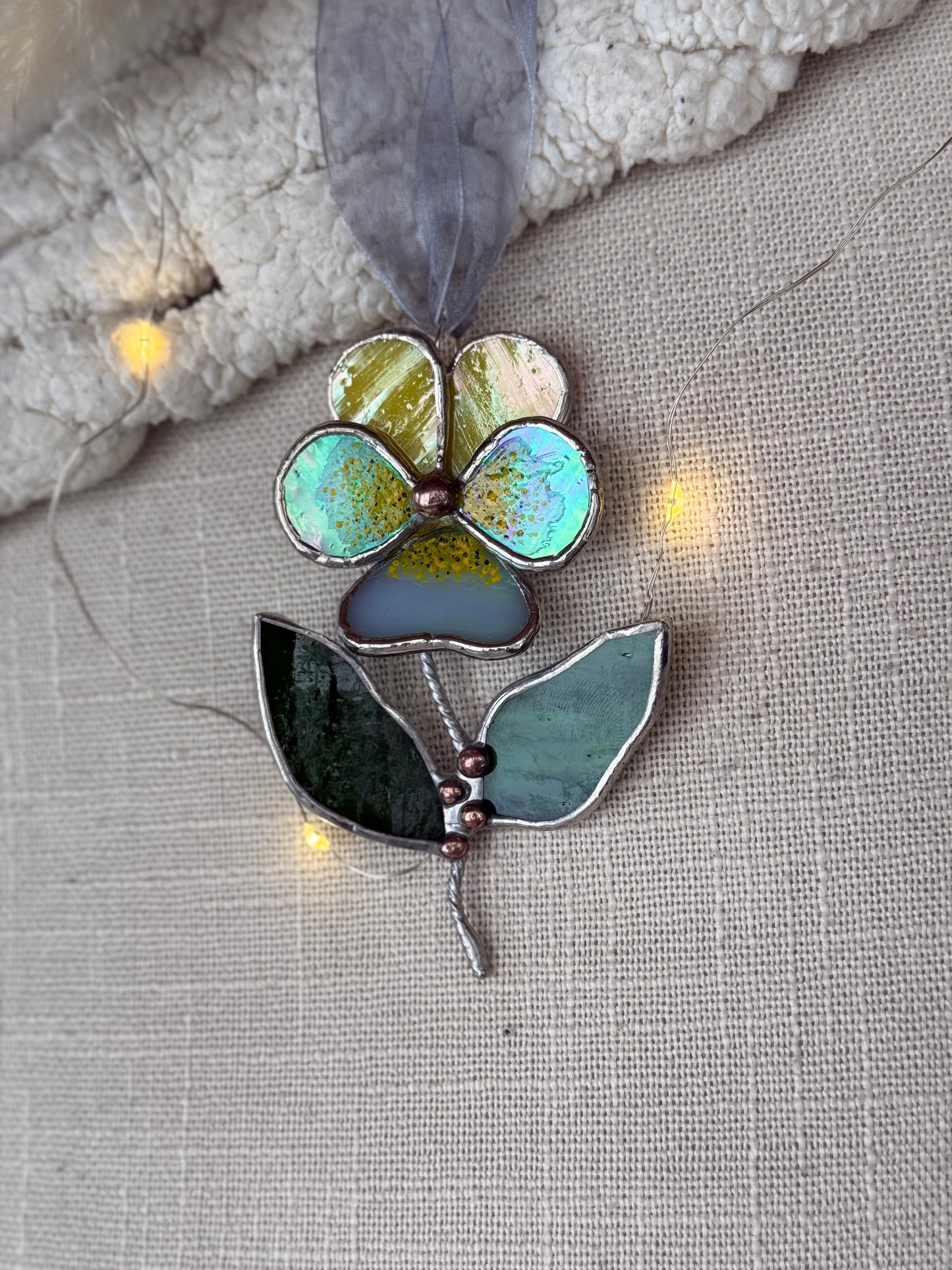 " . Pansy flower with leaves Yellow & sky blue irid , Stained glass Decorative ORNAMENT, Christmas decoration, Suncatcher