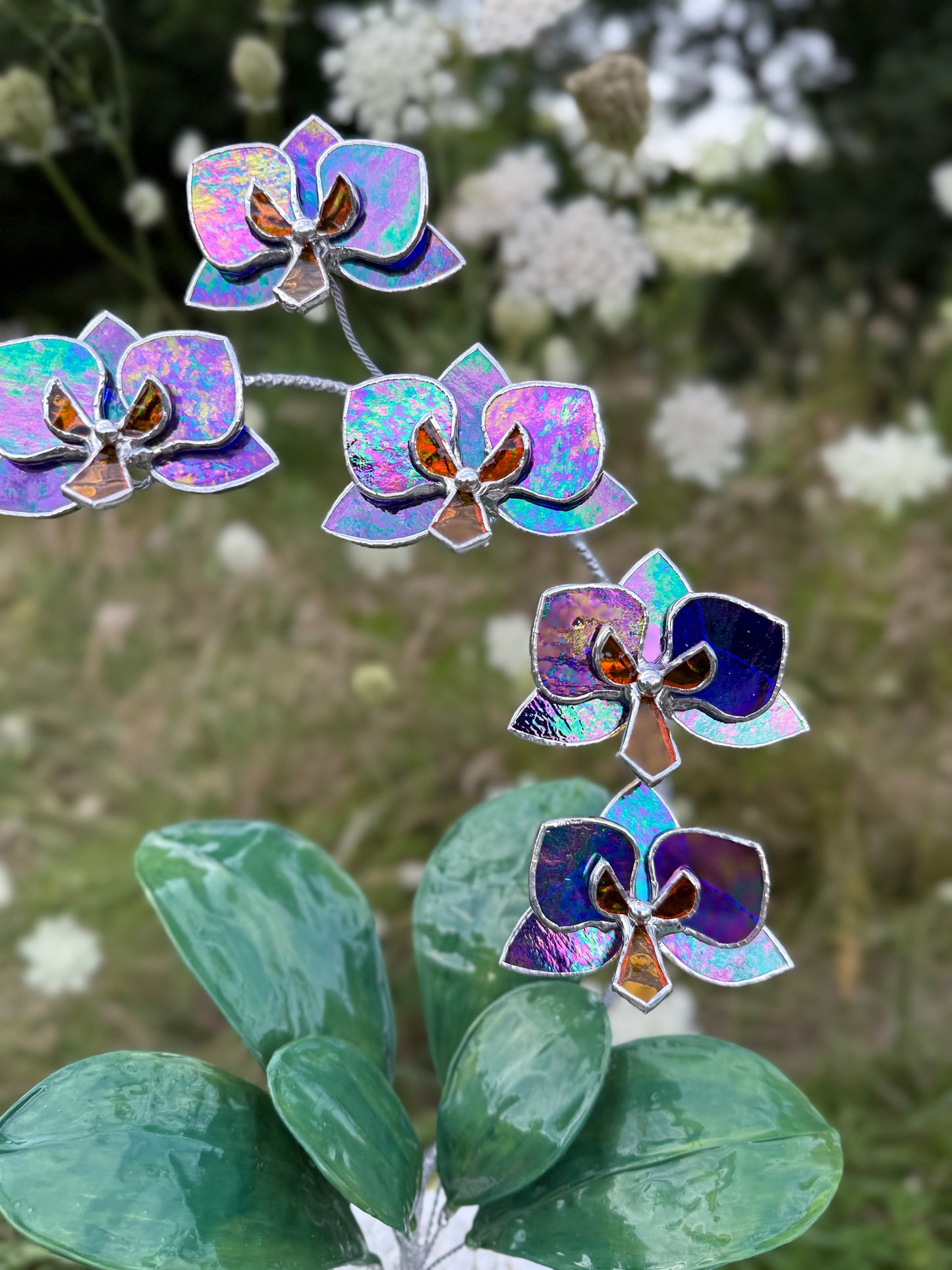 .Amethyst indigo Orchid, WITH RESIN LEAVES, 5 Flowers, Handmade Stained Glass Botanical Art Decor