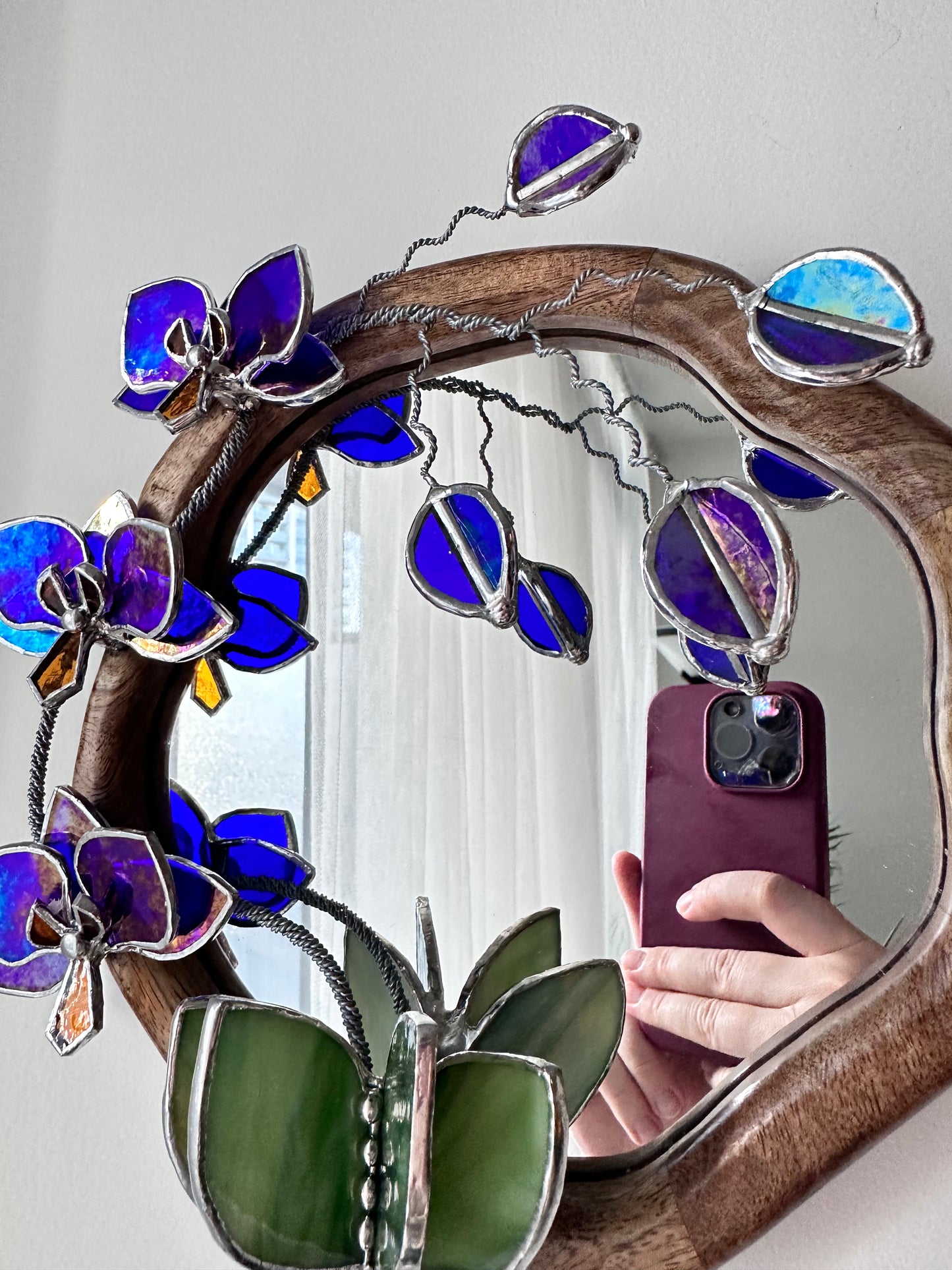 ". Amethyst gold luminescent Orchid" Mirror Stained glass flower Wall decor.  Sun catcher Wooden frame Home wedding Decor Art. Christmas gift