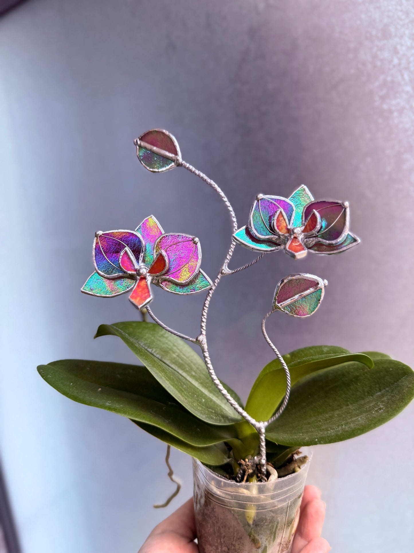 " . Mauve irid Orchid flower stick, Plant stake 2 flowers no pot” Stained glass tropical flower 3D, Sun catcher, Table plant, Garden stick, Outdoor and gardening decor