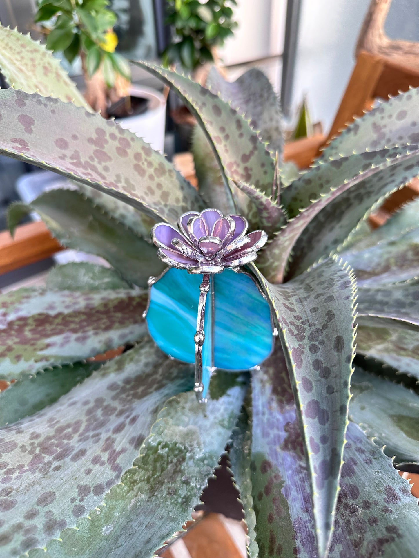 "Cactus XL Purple Turquoise Iridescent", Stained glass Succulent 3D, Cacti, house plant for flower pot, Sun catcher, glass art