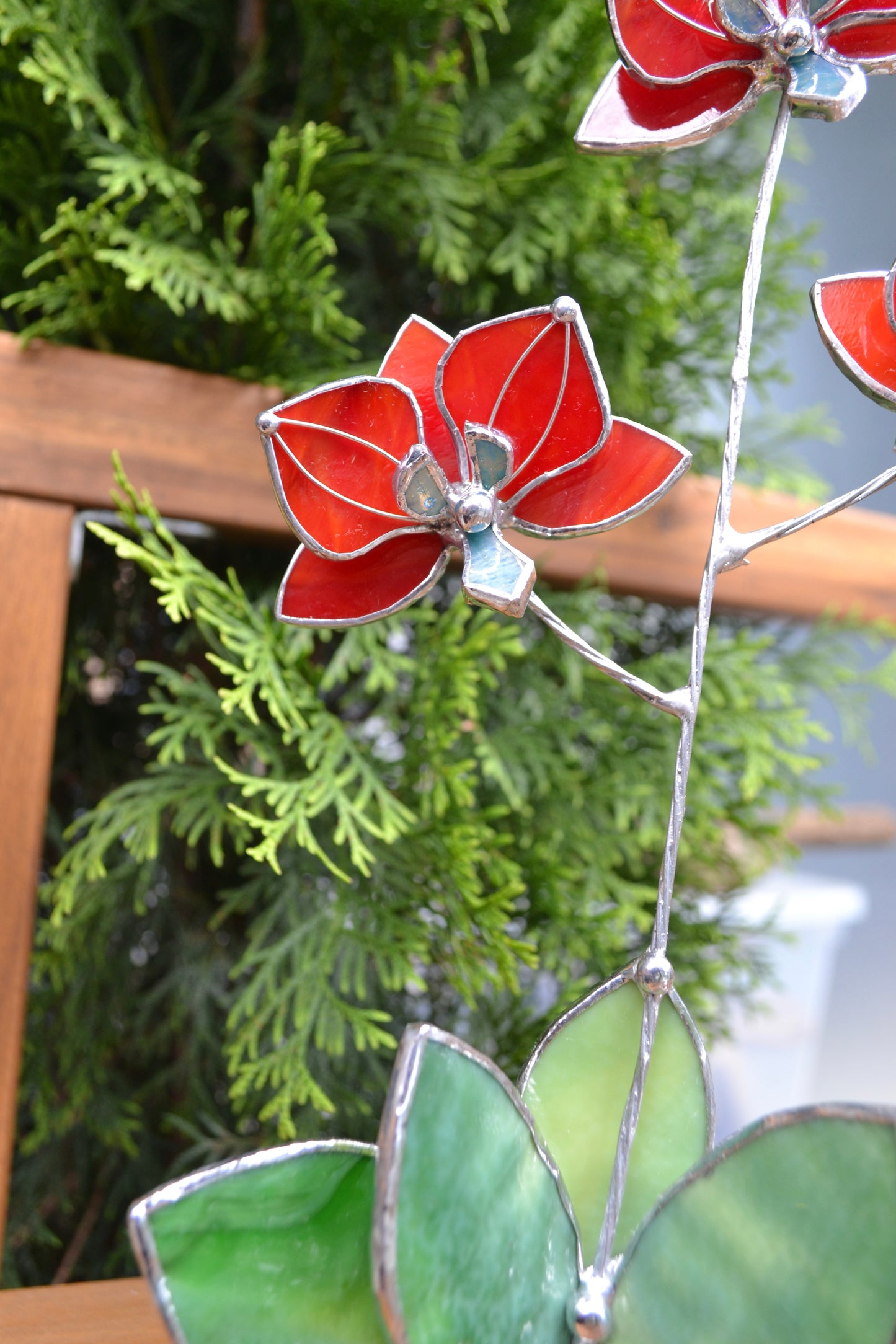 ".Ruby Red Orchid with veins' Stained glass tropical flower 3D, Sun catcher, Table plant decor, Garden stake, wedding decor, Christmas gift