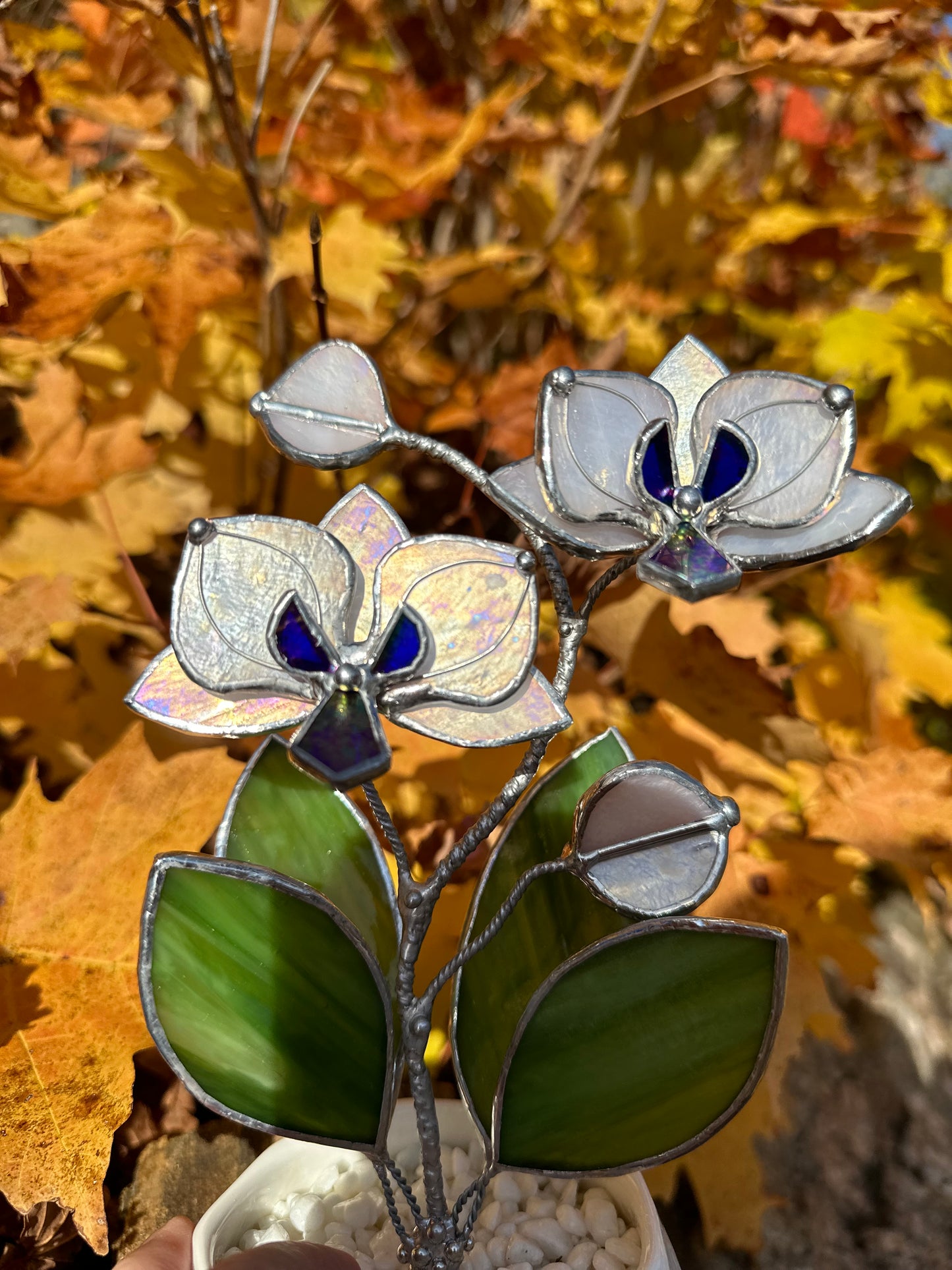 " . Orchid White Pearl iridescent, 2 flowers with pot” Stained glass tropical flower 3D, Sun catcher, Table plant decor, Garden stick, Outdoor and gardening decor