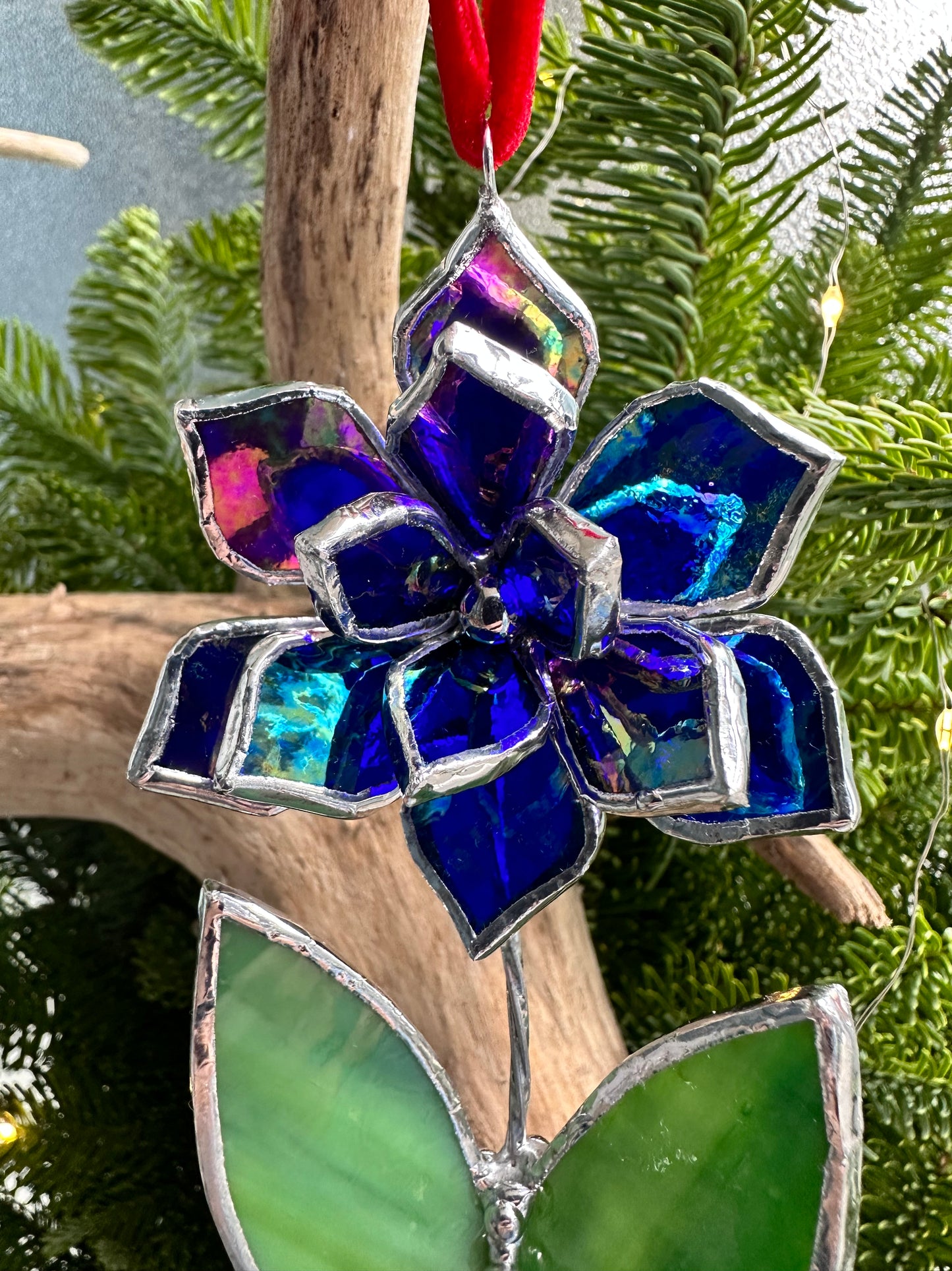 Christmas tree ornament Flower Indigo iridescent Set of 1, 3, 5, 7, 10. Stained glass Wall window decor, holiday decorations, lights