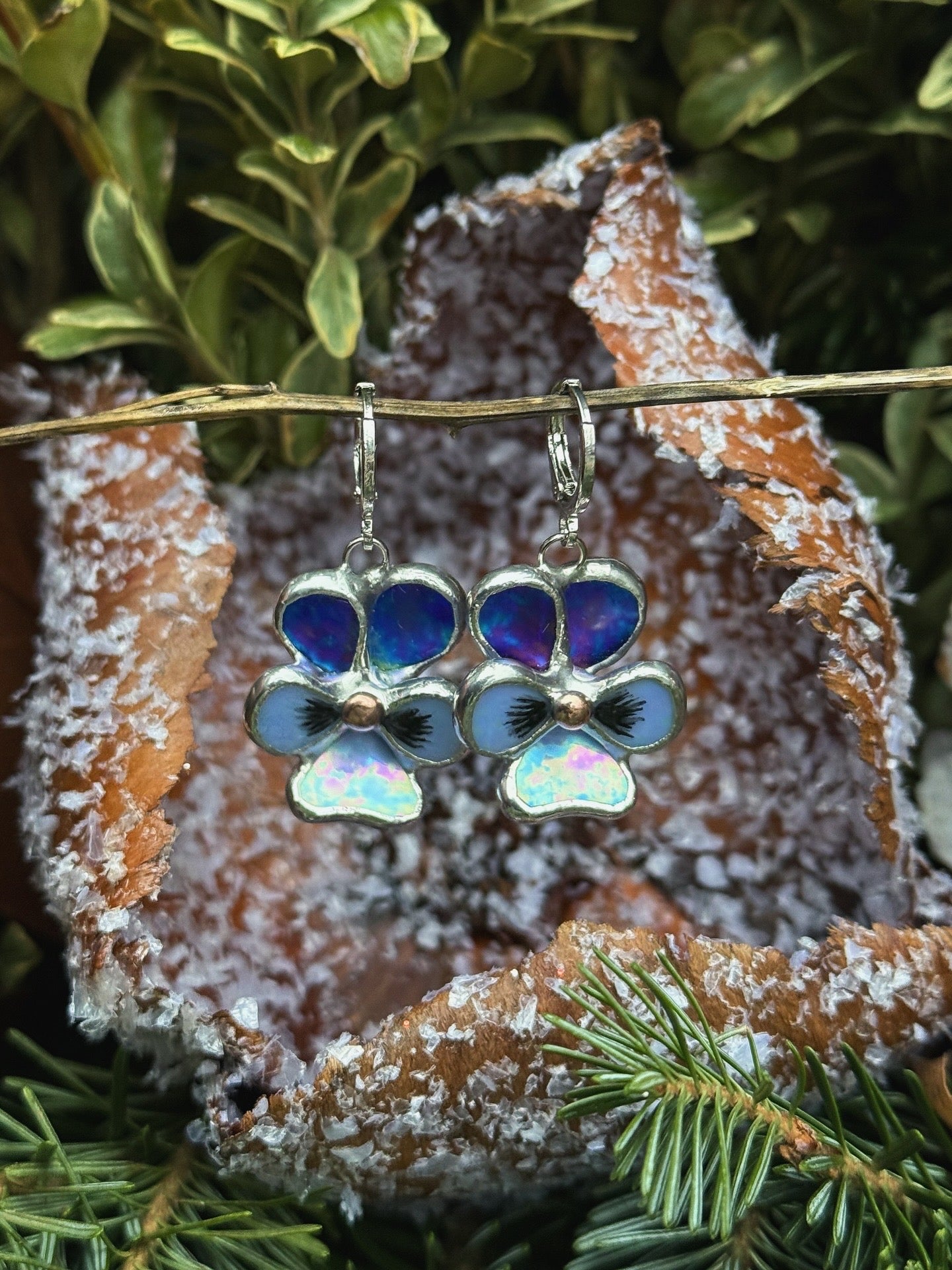 "  . Earrings Pansy flower Indigo iridescent” Stained glass modern floral art jewelry