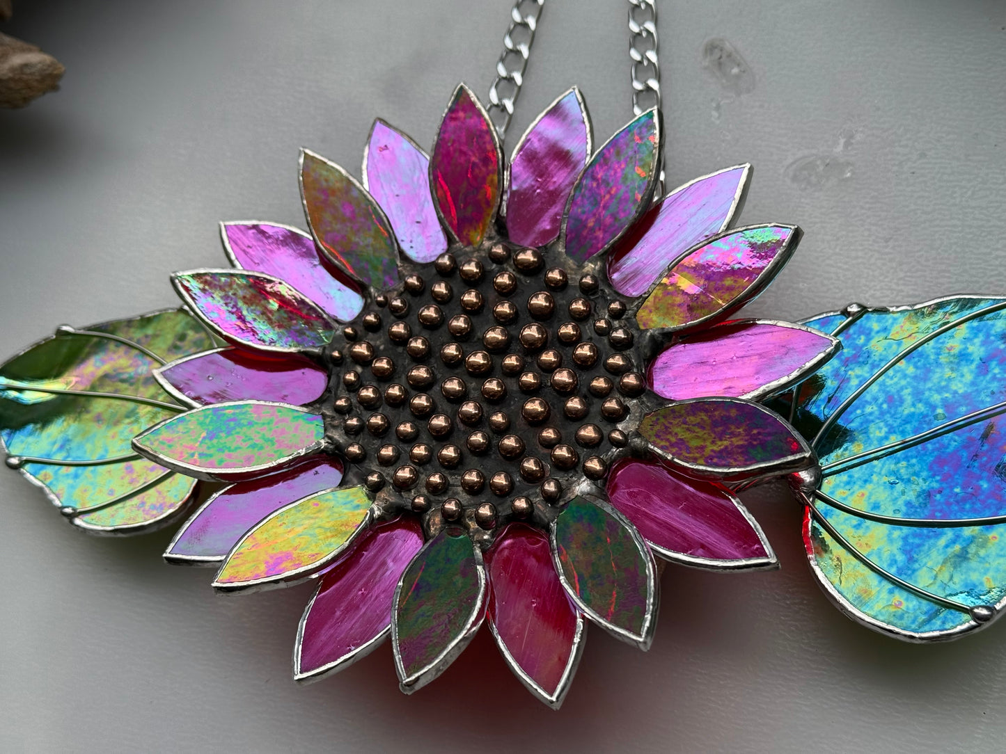 Sunflower Ruby Red, Stained Glass Suncatcher, Wall Art Decor ready