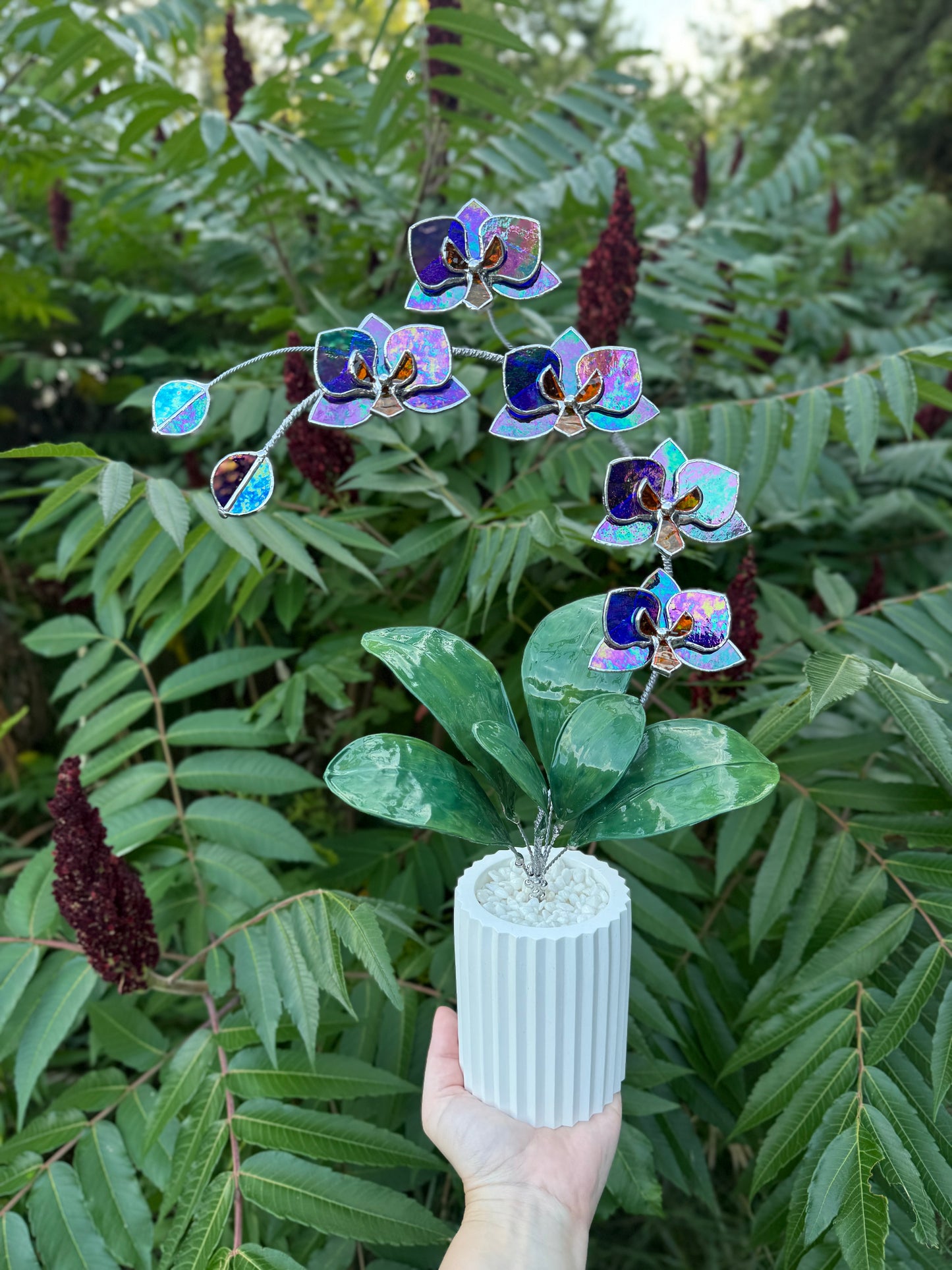 .Amethyst indigo Orchid, WITH RESIN LEAVES, 5 Flowers, Handmade Stained Glass Botanical Art Decor