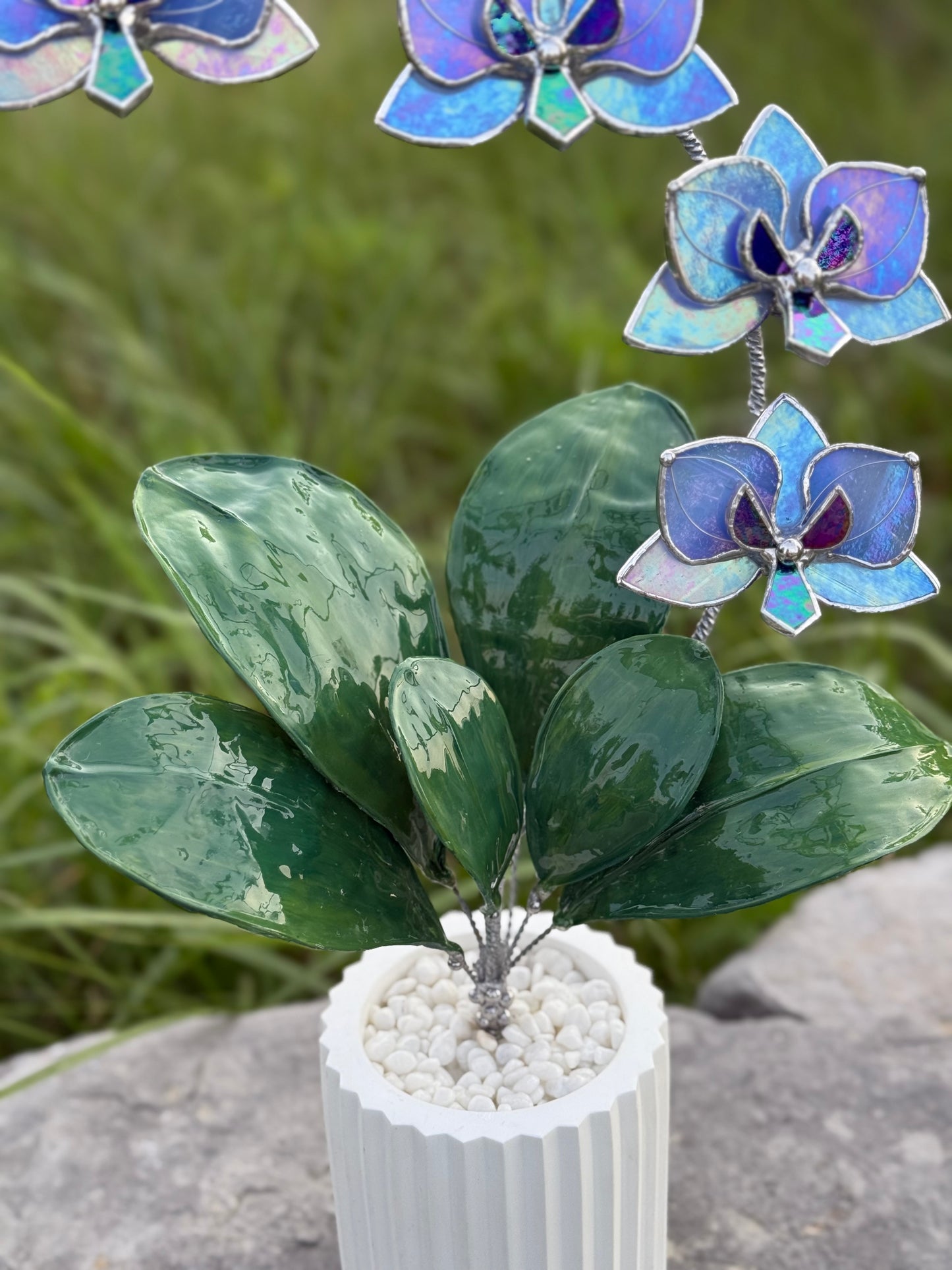 .Blue lavender Orchid, WITH RESIN LEAVES, 5 Flowers, Handmade Stained Glass Botanical Art Decor