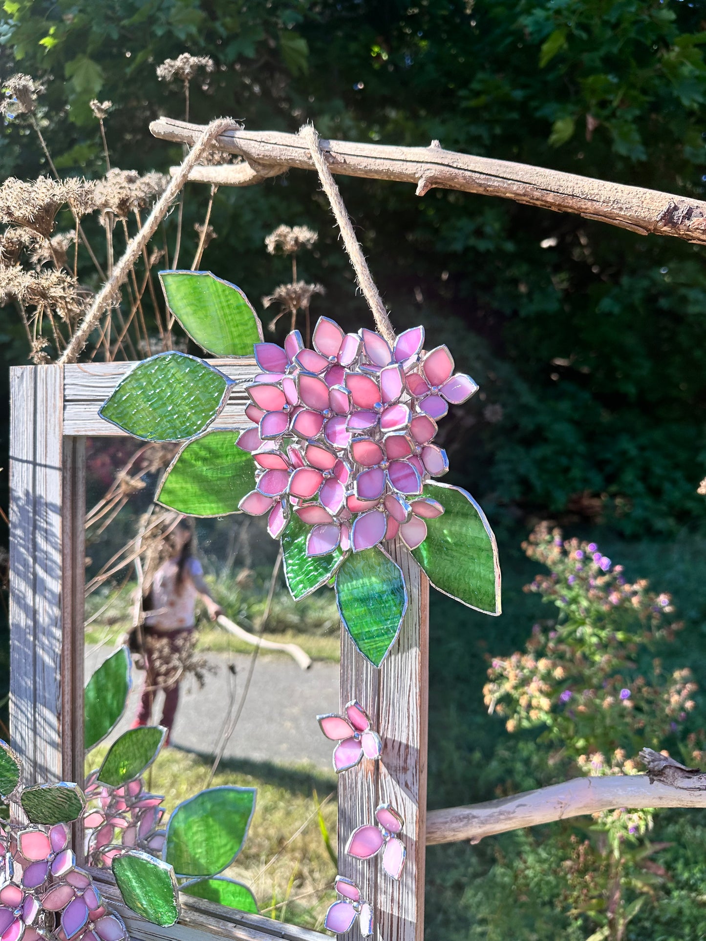 " . Baby Pink Hydrangea Flower Mirror , Stained glass Wedding Wall Decor, Christmas gift, Suncatcher