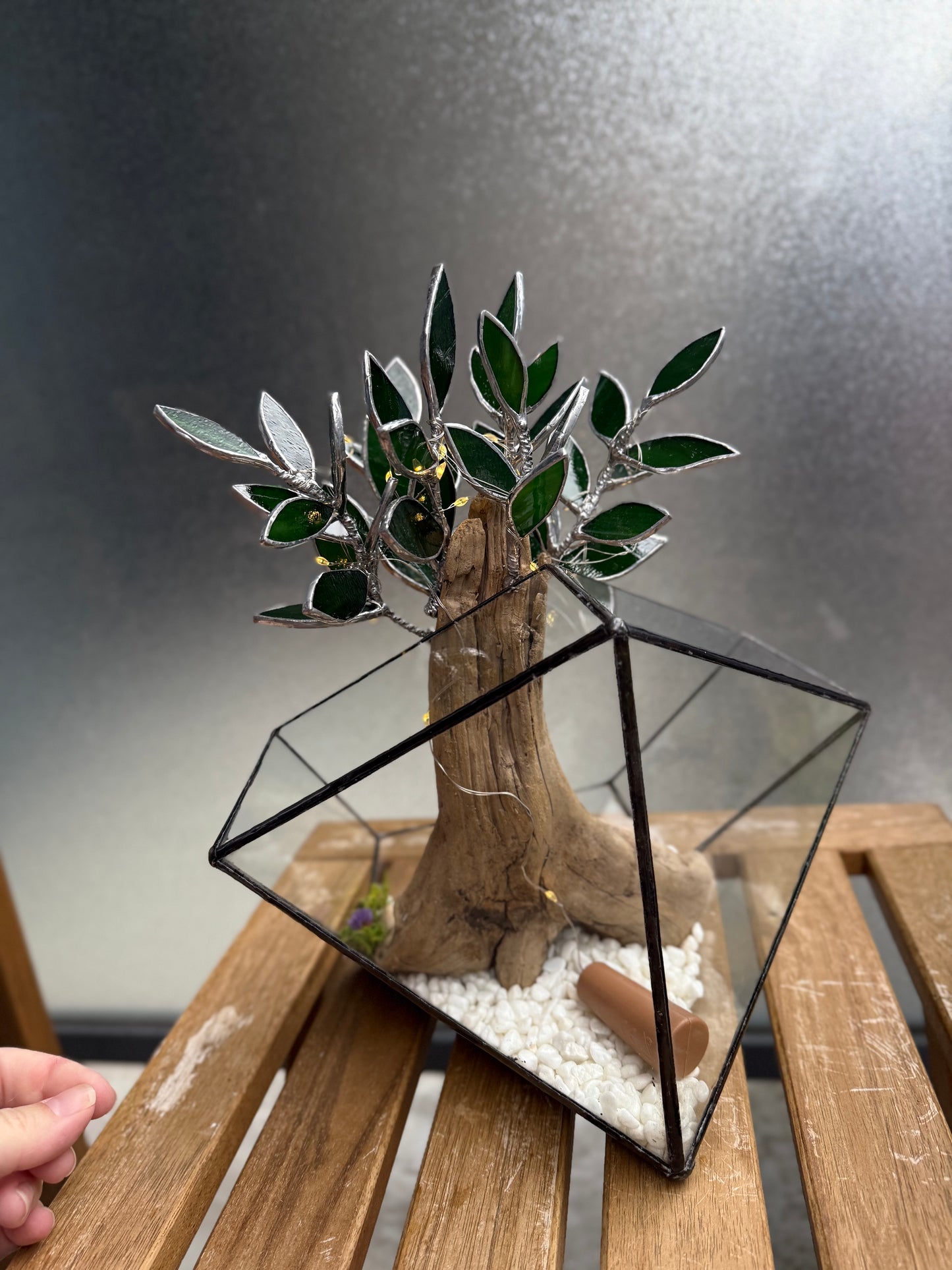 "  . Geometric glass terrarium with bonsai with glass leaves and lights”, Table decor, Christmas gift