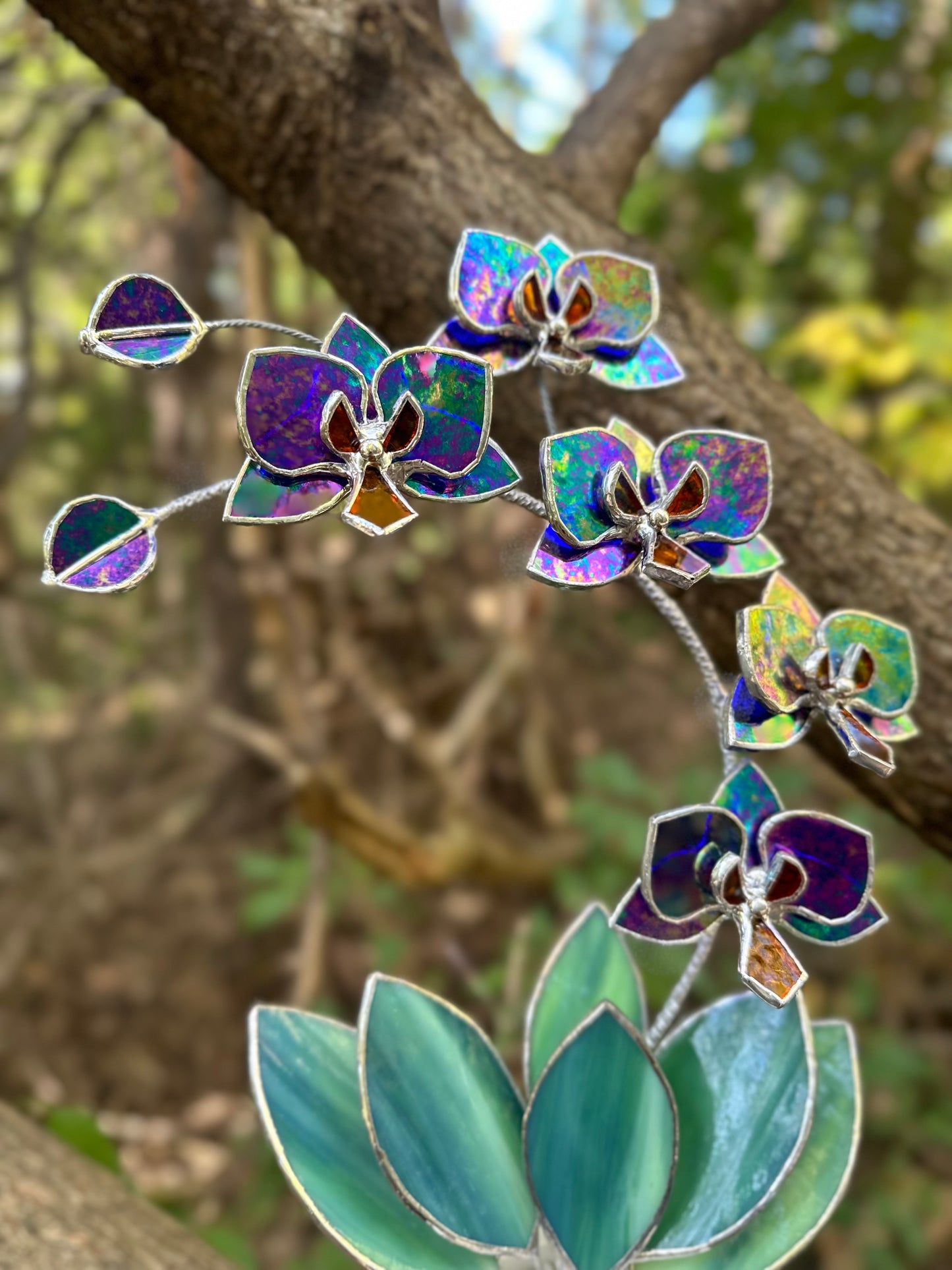 " . Indigo iridescent Orchid 5 flowers with pot" Stained glass tropical flower 3D, Sun catcher, Table plant, Garden stick, wedding decor, Christmas gift