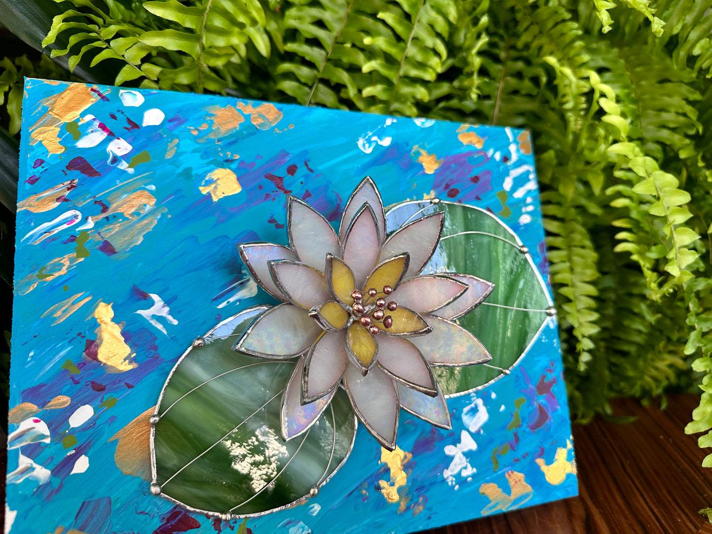 ".Acrylic painting ‘Lily Pond’ with stained glass 3D water Lily, Wall decor, Wedding, Christmas gift, available