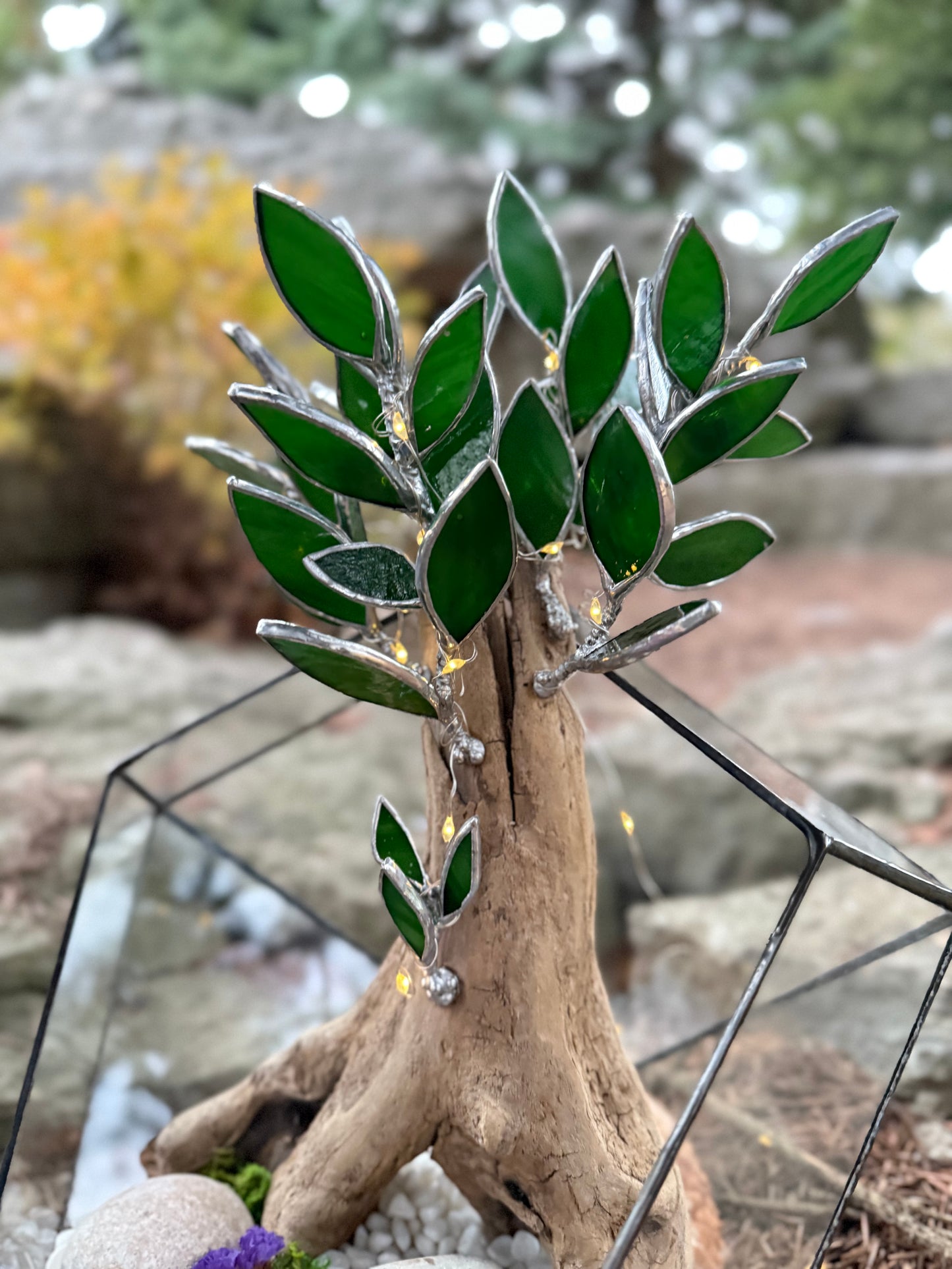 "  . Geometric glass terrarium with bonsai with glass leaves and lights”, Table decor, Christmas gift