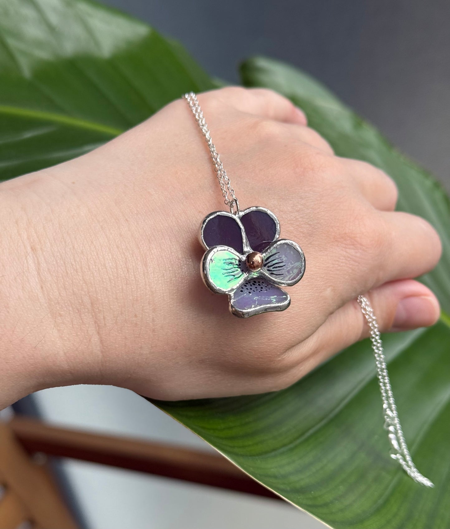 Pansy Purple & lavender Irid Stained Glass Necklace Handmade Botanical Jewelry new