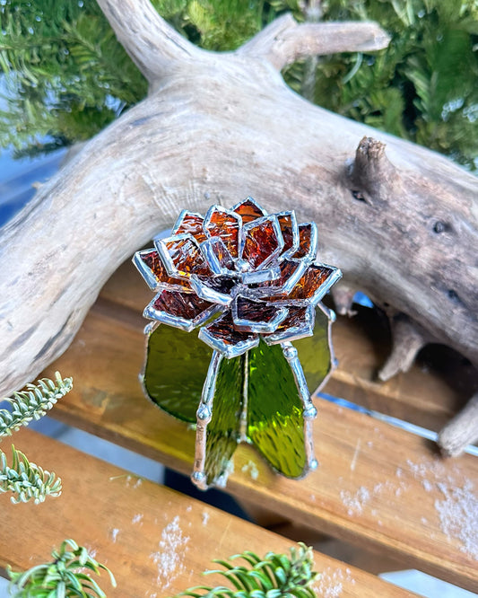 "Cactus XL Amber & Moss Green Stained glass Succulent 3D Cacti house plant for flower pot Sun catcher glass art wedding