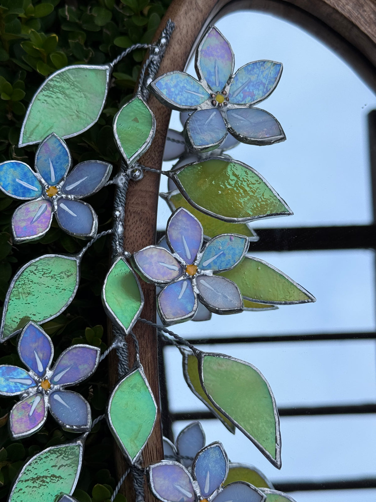 Forget Me Not iridescent Stained glass Flower Mirror, 3D Botanical Floral Wall Art ready new