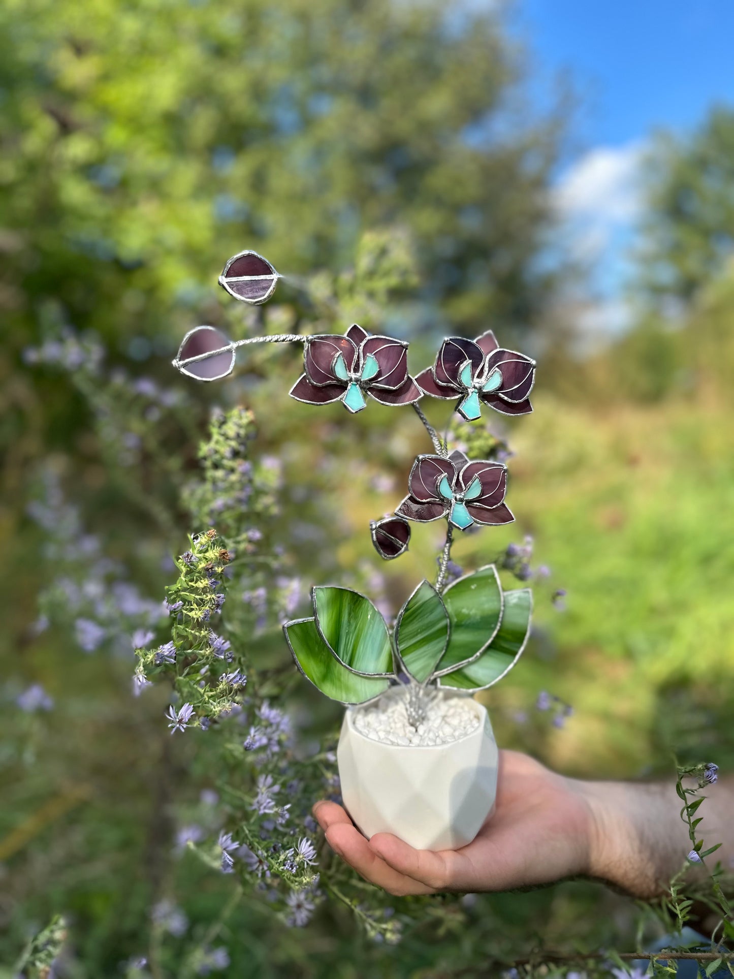 " . Elderberry Orchid 3 flowers with pot” Stained glass tropical flower 3D, Sun catcher, Table plant decor, Garden stick, Outdoor and gardening decor