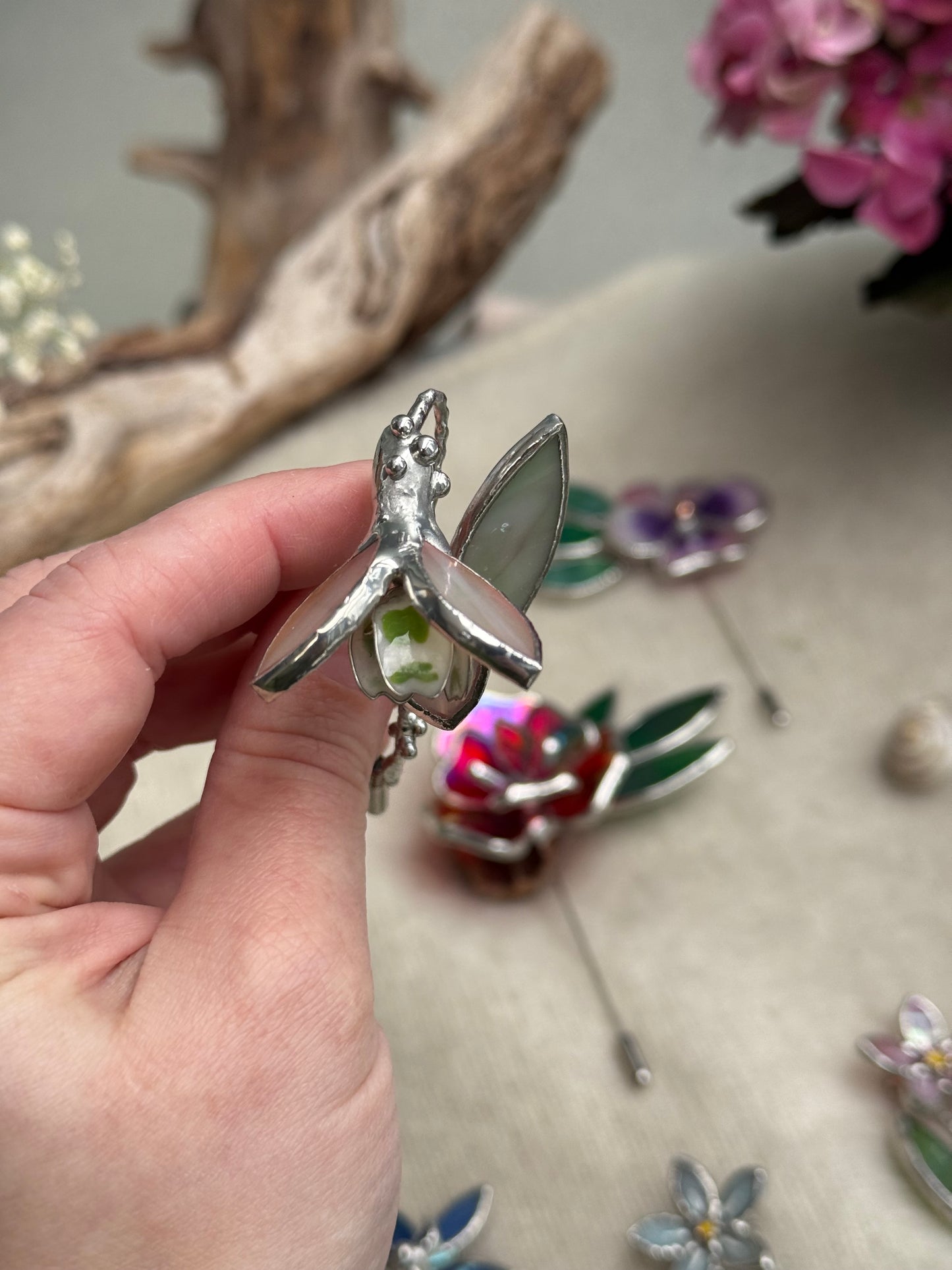 Snowdrop Brooch Statement Stained Glass Floral Pin, Modern Art Jewelry