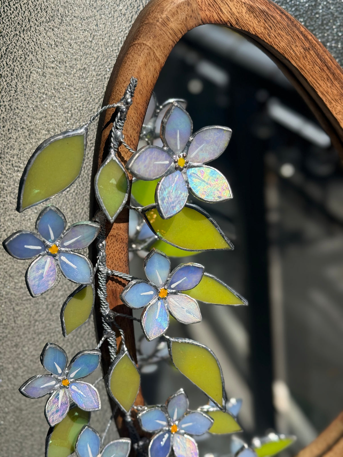 Forget Me Not iridescent Stained glass Flower Mirror, 3D Botanical Floral Wall Art ready new
