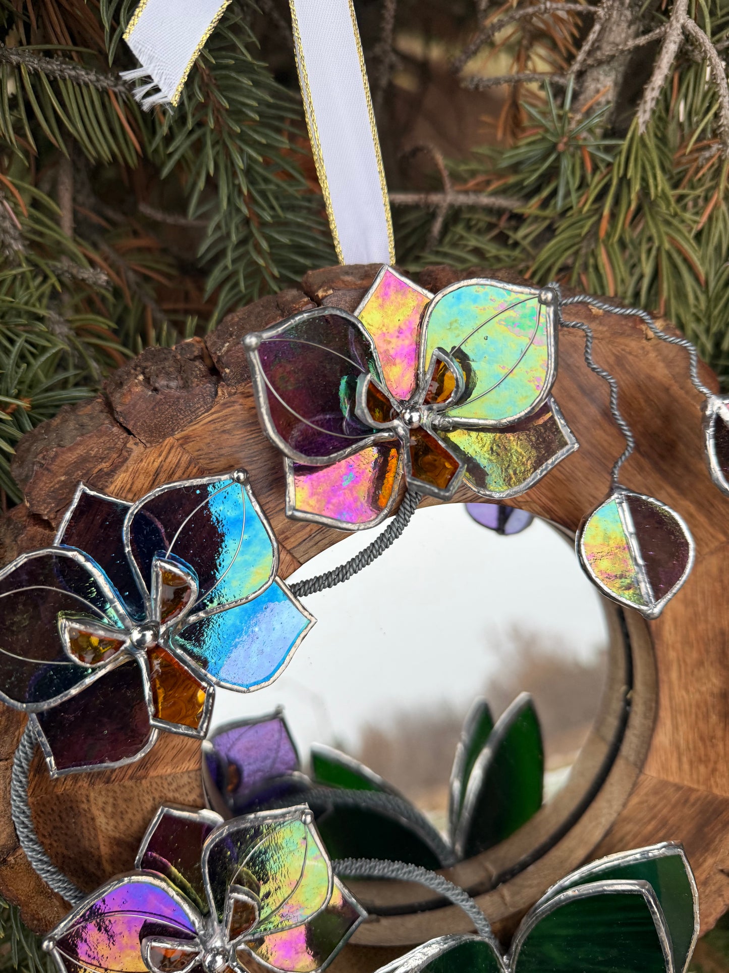 " . Iridescent Butterfly Orchid Mirror”, Stained glass flower Wall decor, Suncatcher, Home wedding Decor, Christmas gift