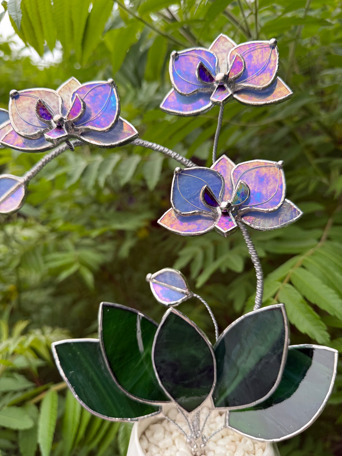 " . Blue lavender iridescent Orchid 3 flowers with pot” Stained glass tropical flower 3D, Sun catcher, Table plant, Garden stick, Outdoor and gardening decor available new