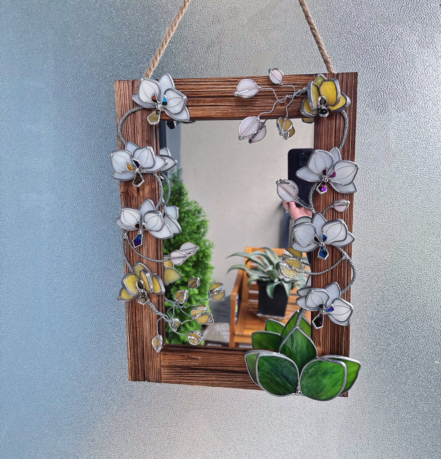 "Blooming Orchid white" Stained glass flower Mirror wall decor Art, Wedding, Christmas, gift Decoration Glass flowers Succulents.