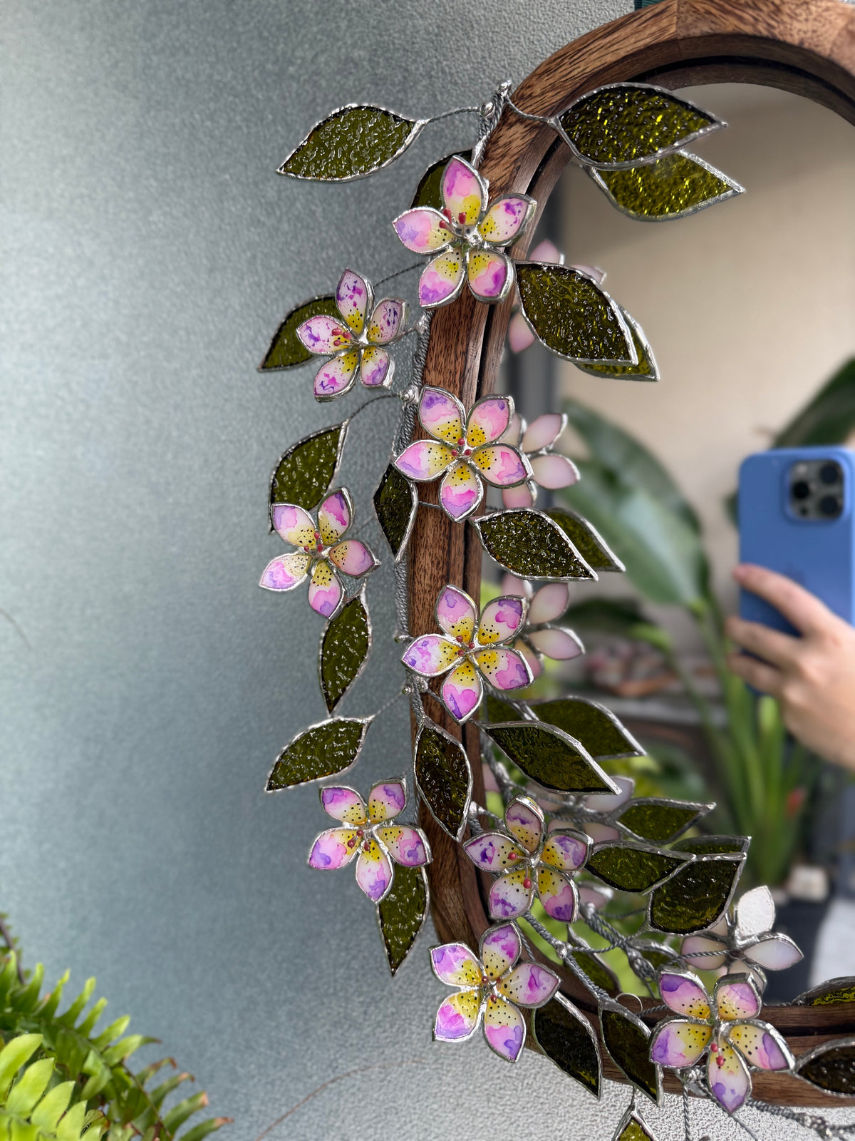 .Tropical Flower Hand Painted Stained glass Flower Mirror, 3D Botanical Floral Wall Art ready new