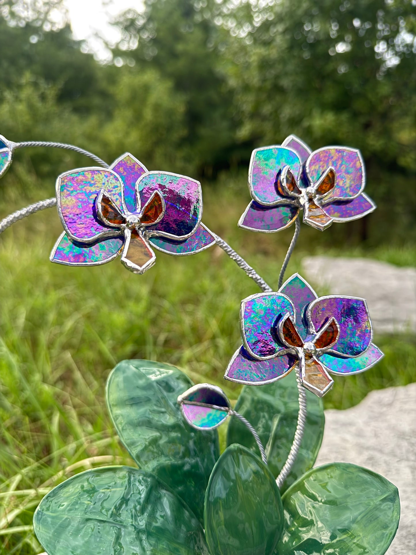 Orchid Indigo Iridescent Stained Glass WITH Hand Painted RESIN LEAVES, 3 Flowers, Botanical Table Decor