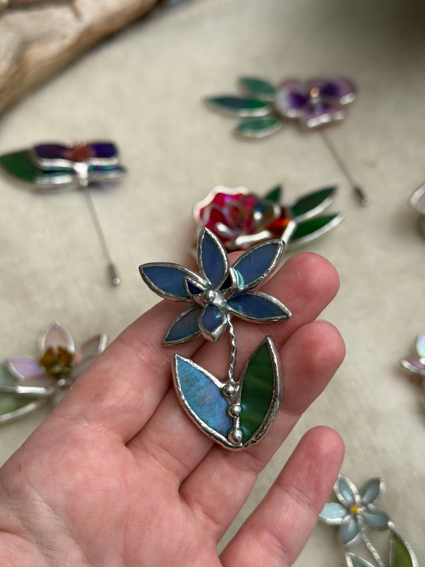 Orchid Blue lumi Brooch Stained Glass Floral Pin, Modern Art Jewelry statement ready new