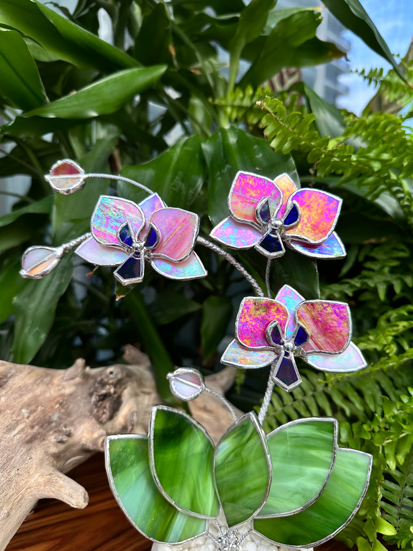 ". Peachy white iridescent Orchid 3 flowers with pot” Stained glass tropical flower 3D, Sun catcher, Table plant, Garden stick, Outdoor and gardening decor