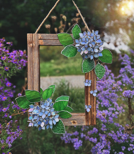 " . Blue lavender iridescent Hydrangea Flower Mirror, Stained glass Wedding Wall Decor, Christmas gift, Suncatcher