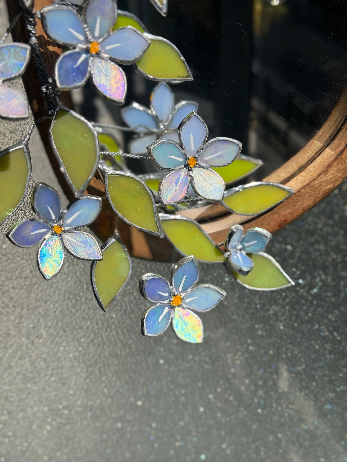 Forget Me Not iridescent Stained glass Flower Mirror, 3D Botanical Floral Wall Art ready new