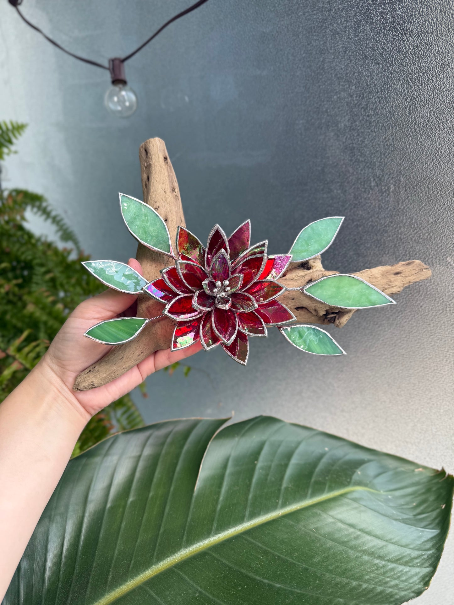 .Fire Flower Iridescent " Stained Glass Driftwood Wall Decor Suncatcher