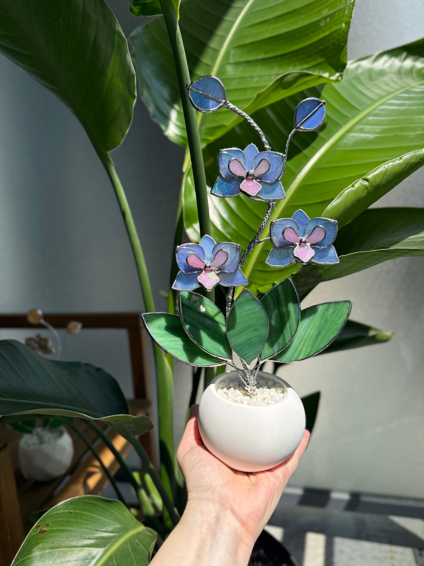 .Blue Lavender Orchid in a pot, 3 flowers Botanical Stained Glass Modern Art Decor new